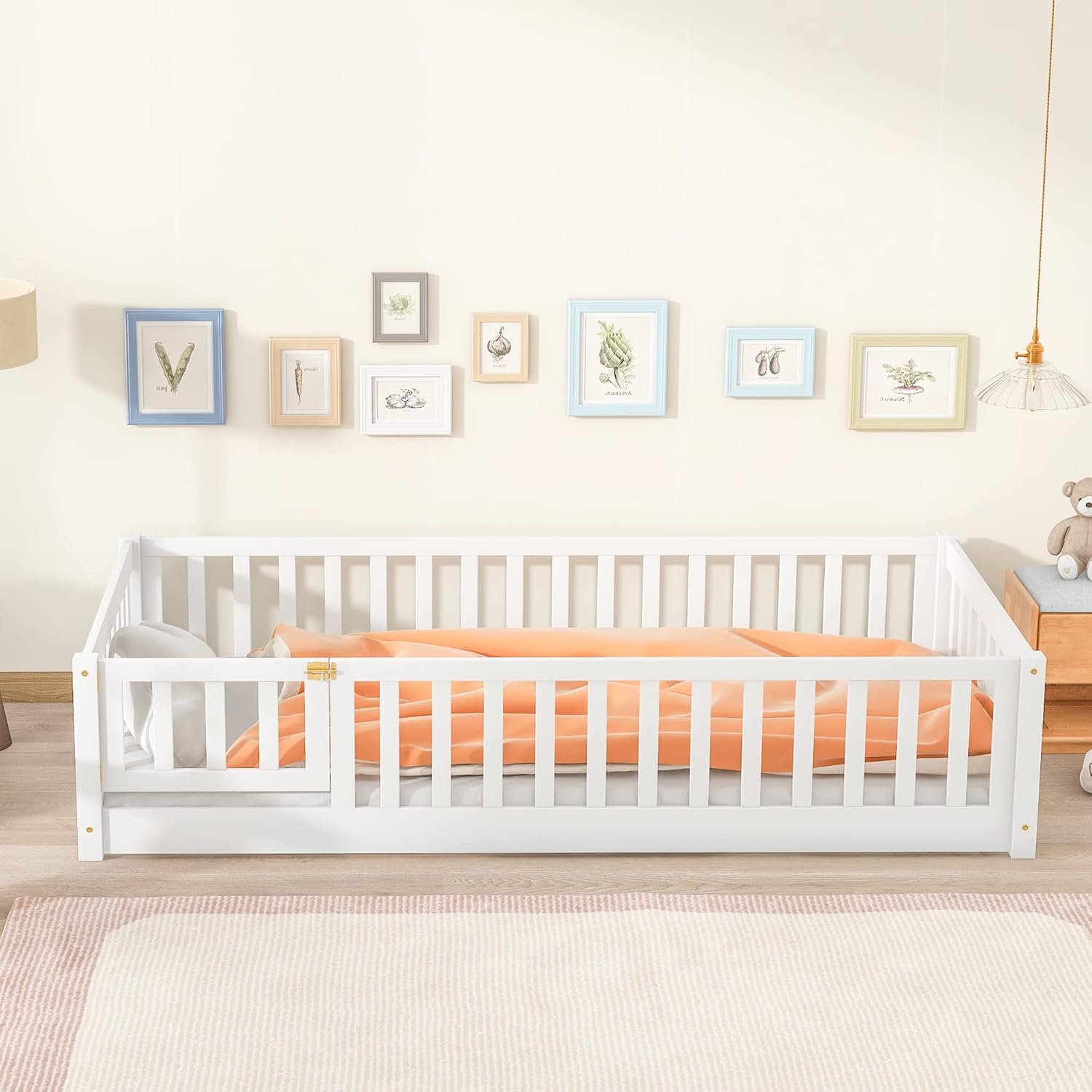 Cama moderna de plataforma de tamaño individual, cama de madera maciza con valla que se puede abrir, cama de madera para niños y niñas, soporte de