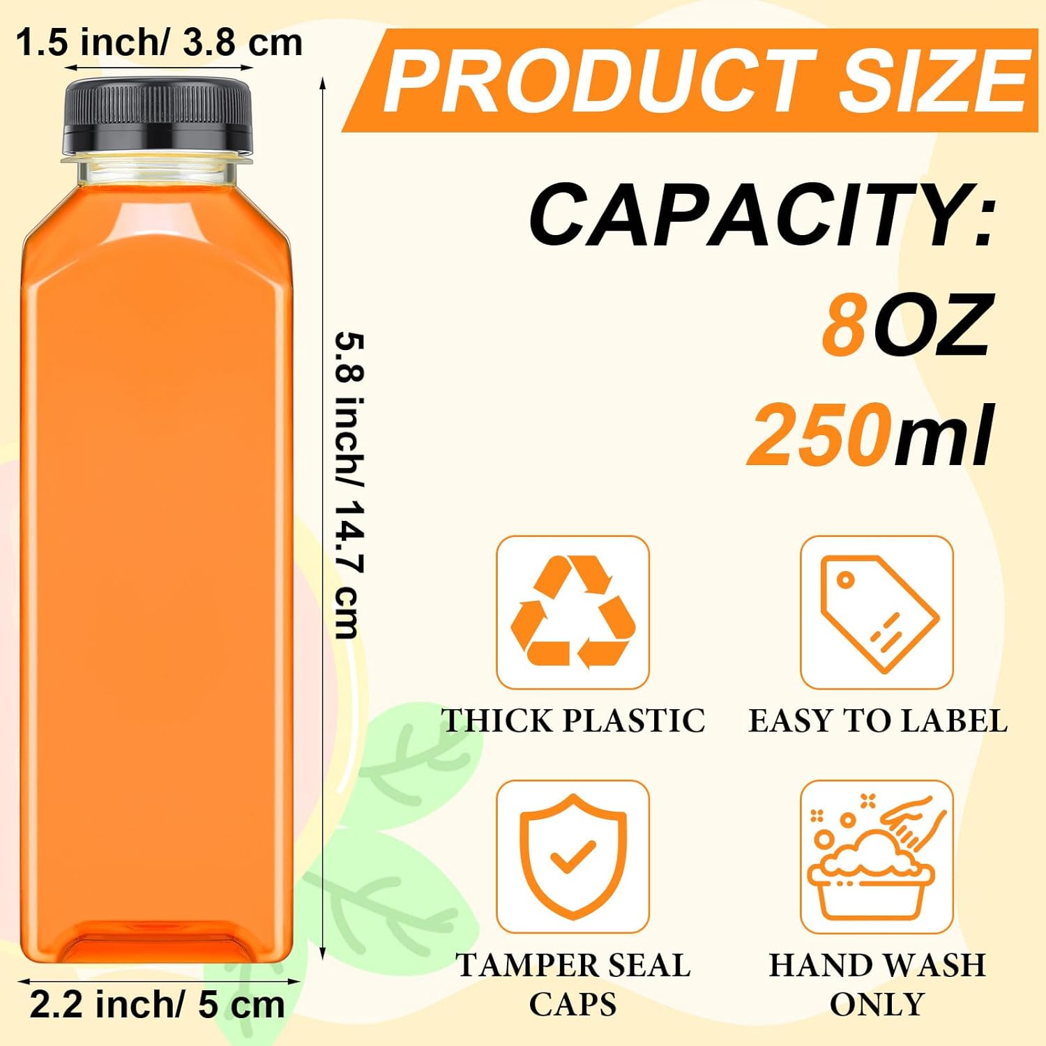 200 botellas de plástico con tapas, botellas cuadradas transparentes para jugos, recipientes para bebidas, reutilizables, botellas vacías para