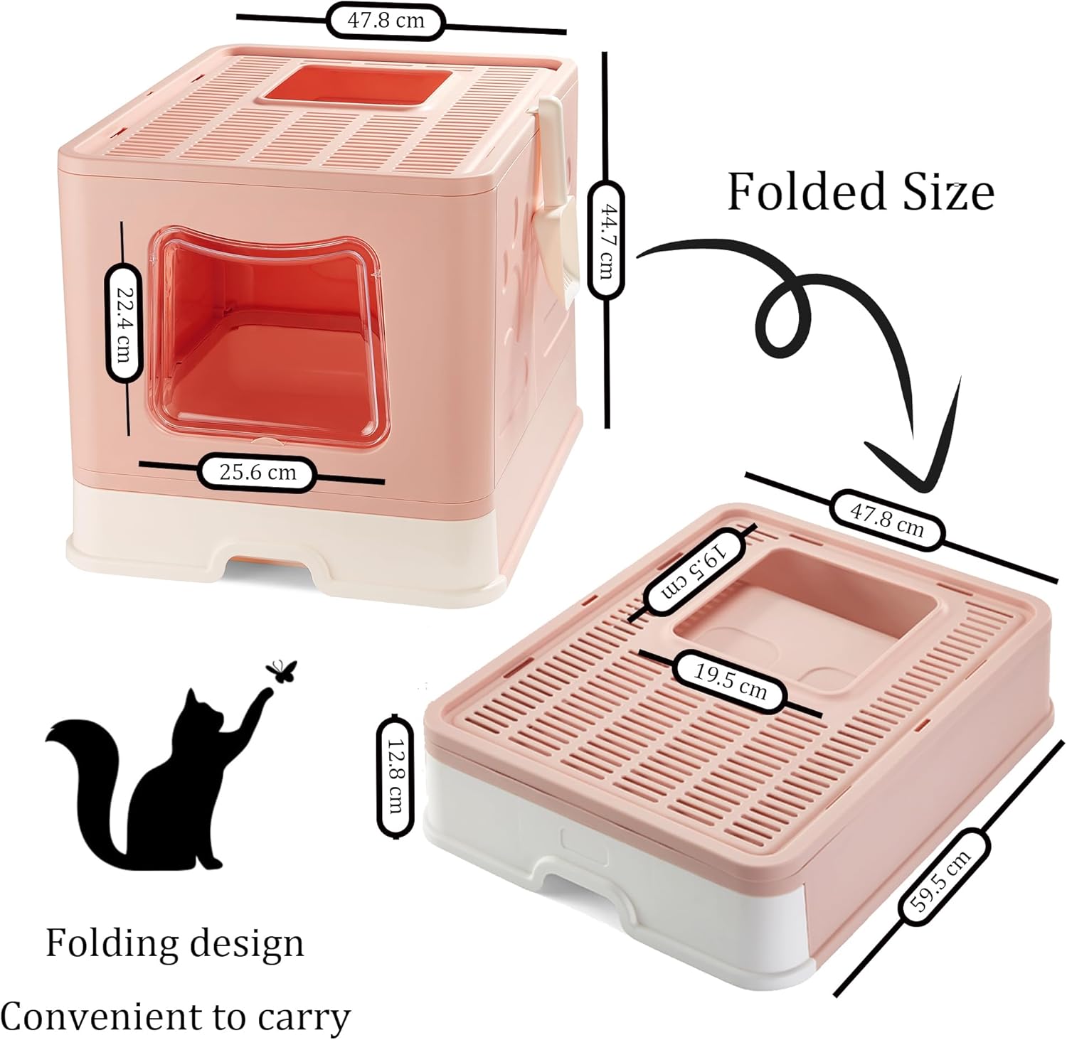 Caja de arena extragrande para gatos plegable con tapa cubierta, entrada superior cerrada, inodoro grande para gatos grandes con cuchara, bandeja de