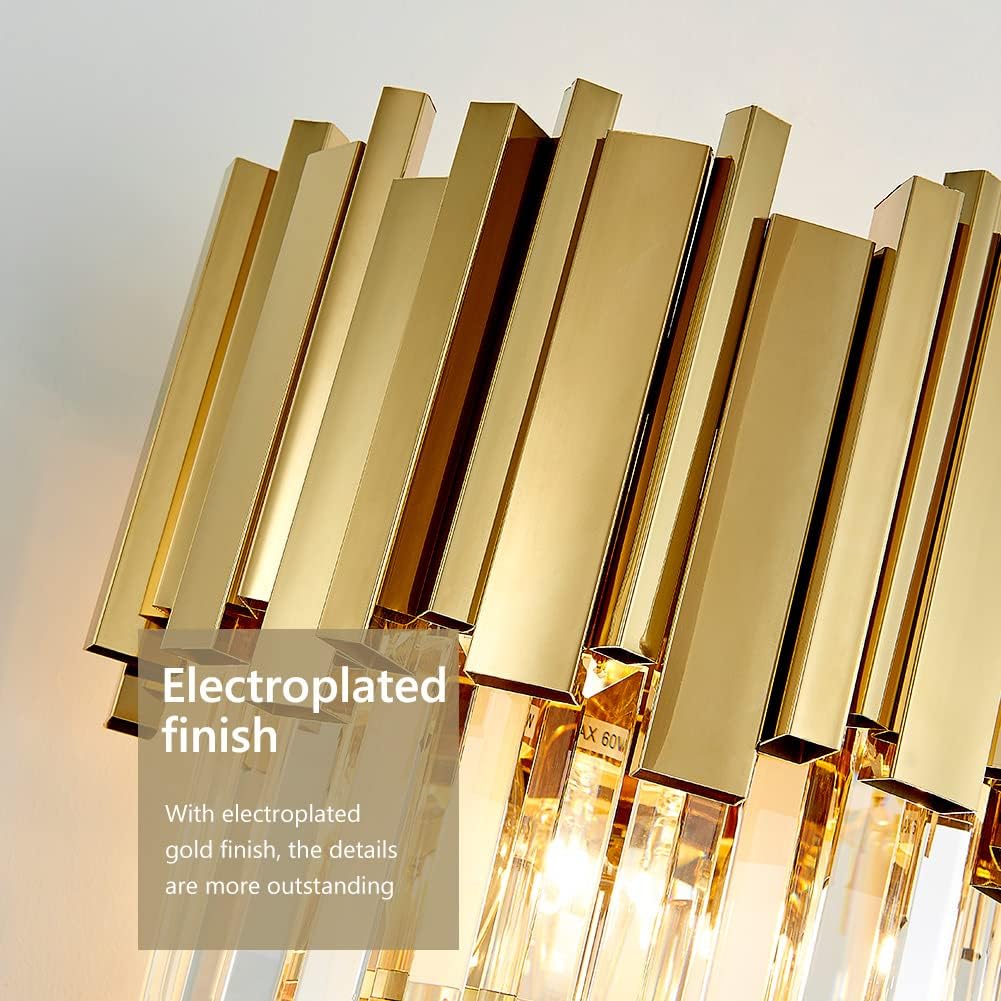 Modernas luces de pared de cristal dorado, W12 H18, 3 luces, apliques de iluminación, lámparas de pared para sala de estar, dormitorio