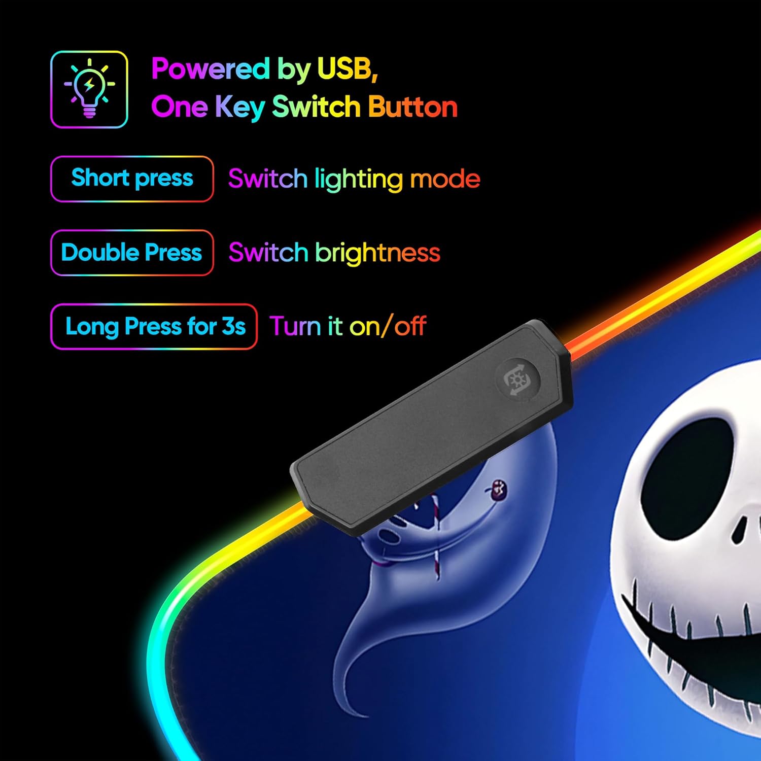 Alfombrilla de mouse RGB con diseño de calavera RGB, El extraño mundo de Navidad con 14 modos de iluminación, alfombrilla antideslizante para