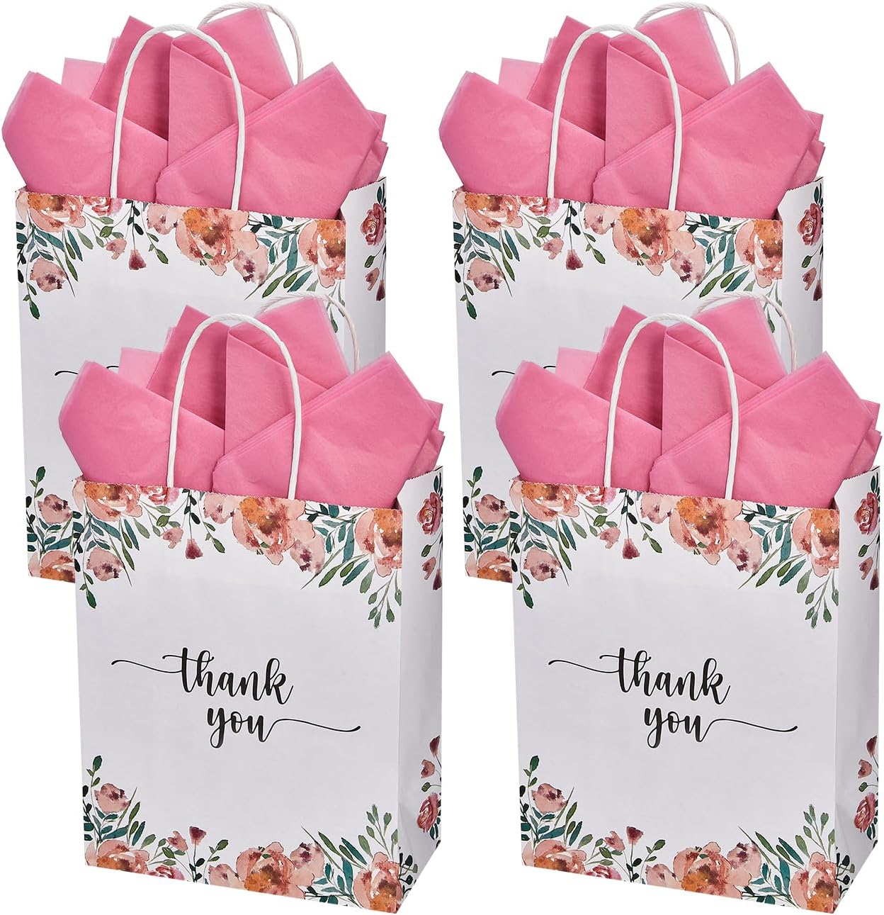 Paquete de 50 bolsas de regalo de papel de agradecimiento blancas y florales de primavera medianas con asas de 10 x 8 x 4 pulgadas y papel de seda