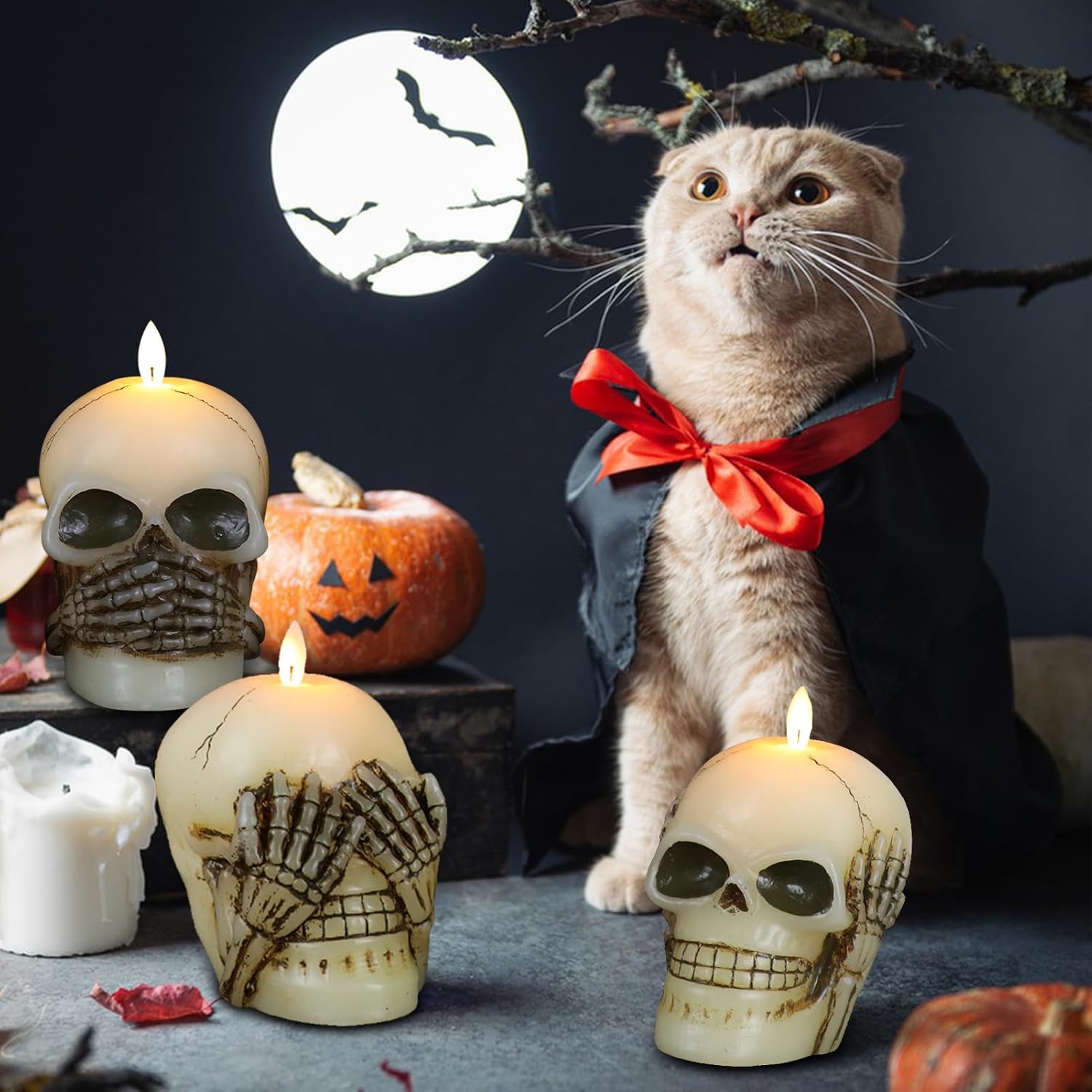 Wondise Velas parpadeantes sin llama de Halloween con control remoto y temporizador, juego de 3 velas LED de cera real que funcionan con pilas con