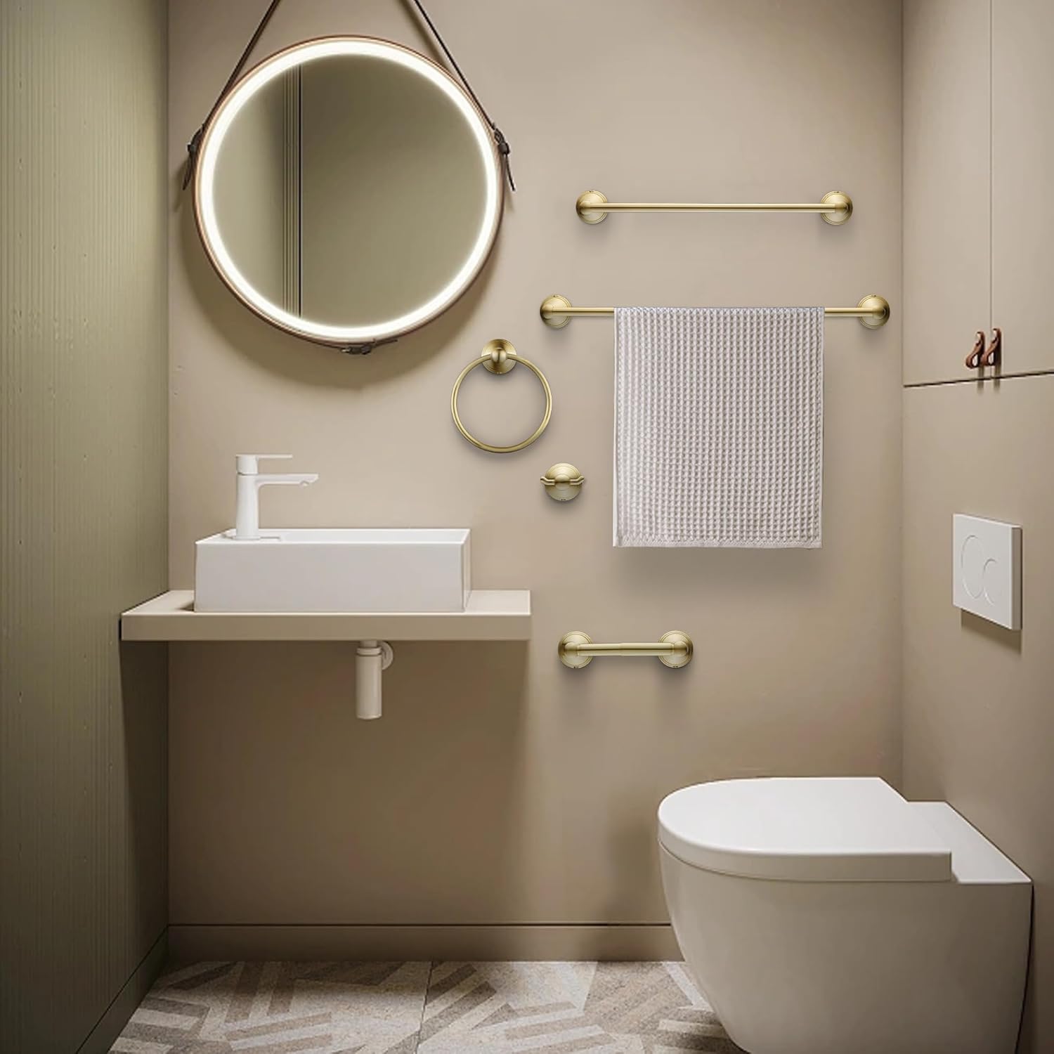 FOUTLQ Juego de accesorios de baño de oro cepillado, 5 piezas, juego de toallero de 24 pulgadas, acero inoxidable montado en la pared, juego de