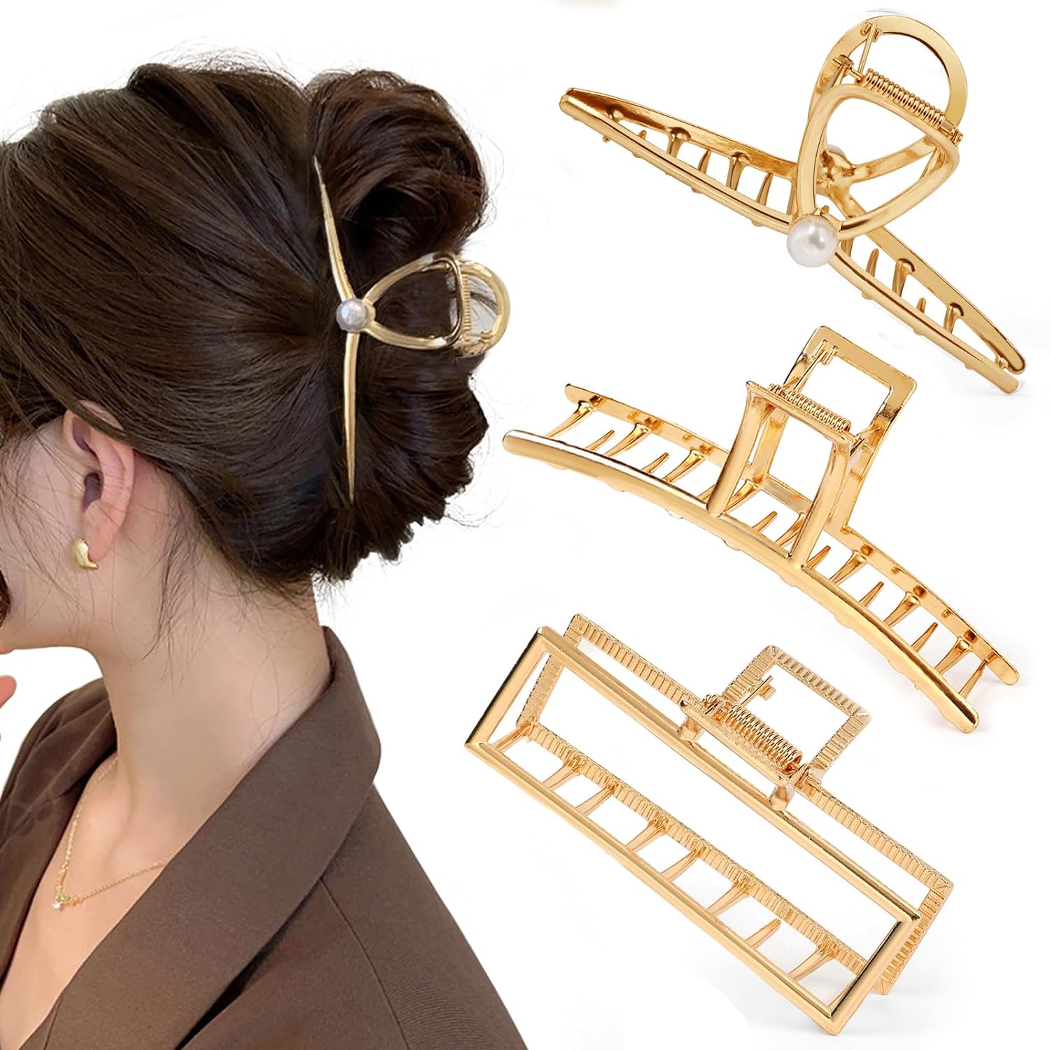 Mehayi 3 pinzas de metal grandes para cabello grueso y pesado, pinzas de sujeción fuerte para cabello largo, accesorios de peinado de moda para