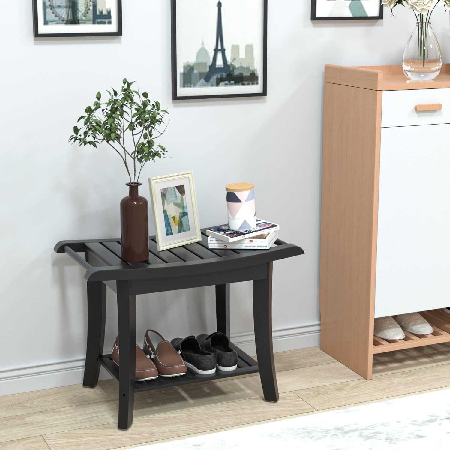 Taburete de ducha de bambú impermeable con estante de almacenamiento para afeitarse las piernas o asiento de baño de spa en el baño y ducha interior