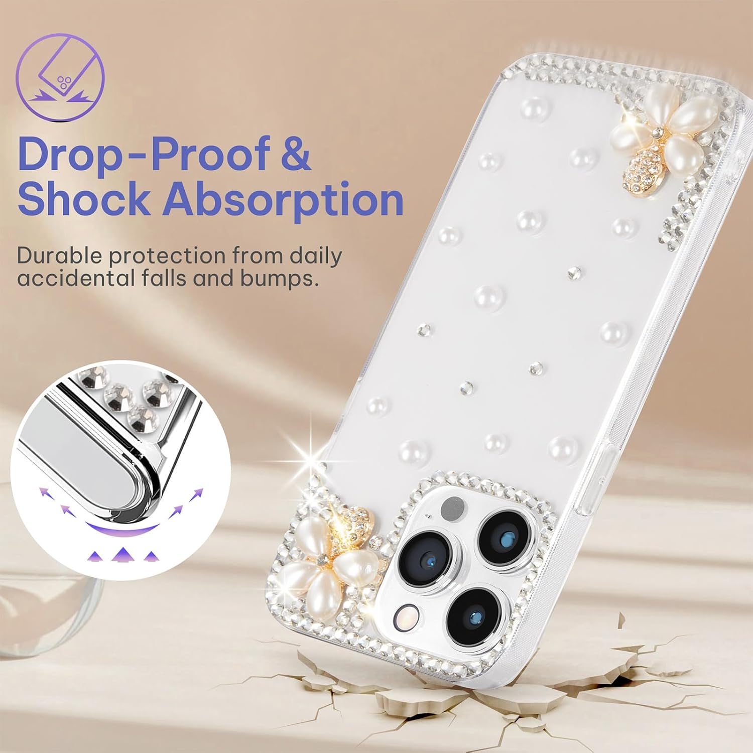 LOHASIC Funda para iPhone 15 Pro Max, diseño de flores transparentes con purpurina para niñas y mujeres, funda protectora de diamantes de cristal