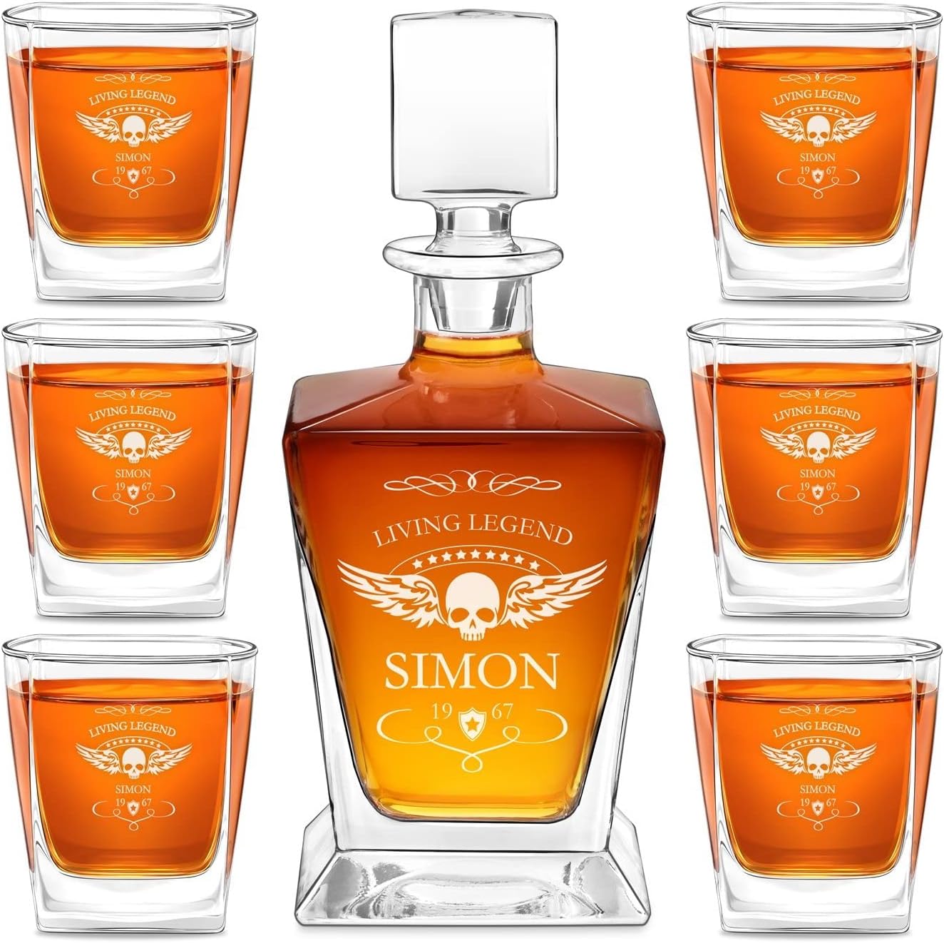 Maverton Juego de whisky personalizado para hombre – Jarra y 6 vasos con grabado – Elegante utensilios de bar para cumpleaños para papá – Para los