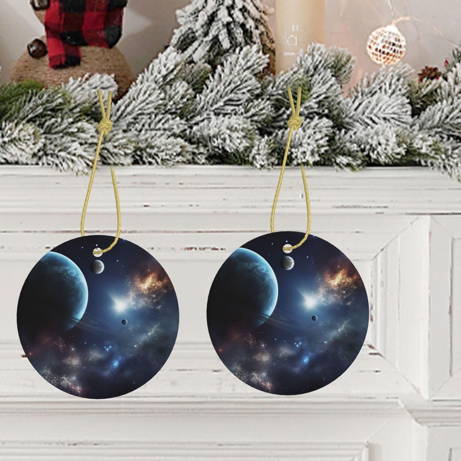 Adorno de Navidad redondo colgante de Navidad, luna, estrellas y planetas, árbol de Navidad, cerámica, adorno colgante de cerámica personalizado
