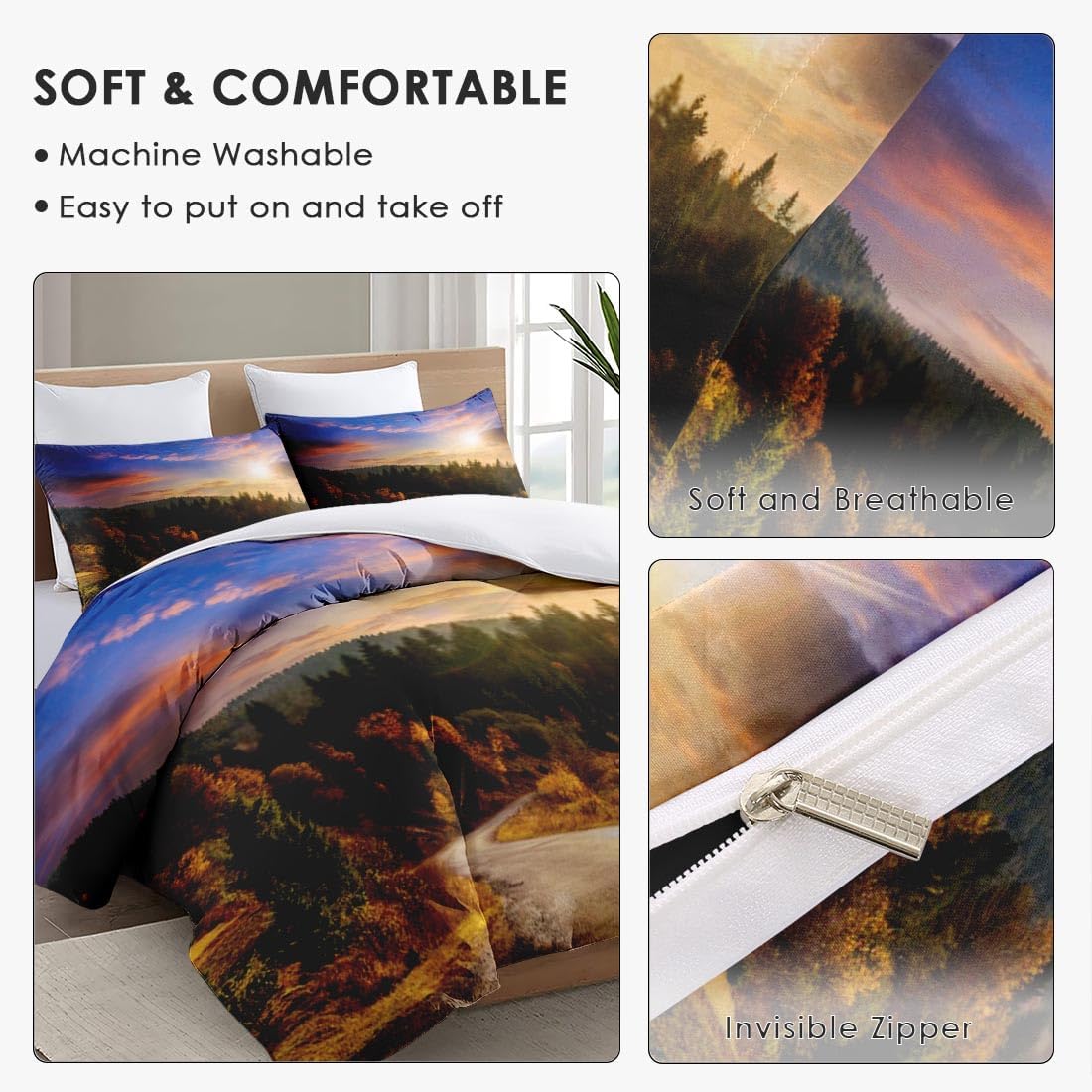 Juego de funda de edredón, juego de ropa de cama verde montaña otoñal para decoración de dormitorio de niños y adultos, juego de funda de edredón de