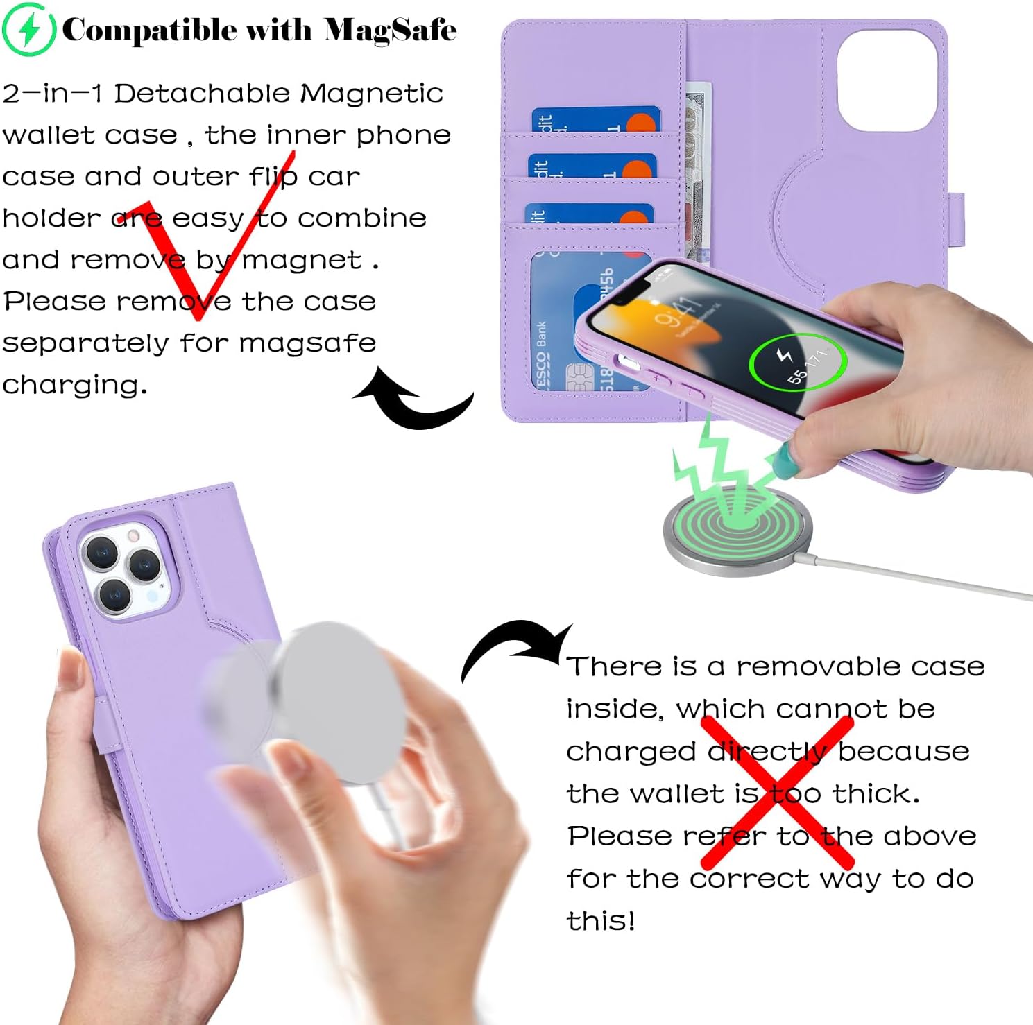 Havaya Magsafe – Funda tipo cartera para iPhone 11 Pro Max, compatible con iPhone 11 Pro Max, con tarjetero, funda desmontable de piel magnética