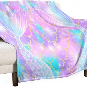 Manta de cola de pez de sirena rosa con estampado de fondo de sirena para niña, 30 x 40 pulgadas Manta de cola de pez de sirena rosa con estampado de fondo de sirena para niña, 30 x 40 pulgadas