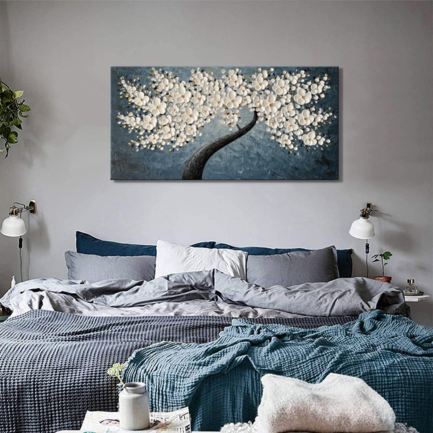 zoinart 3D Floral Oil Paintings on Canvas Wall Art 40×20 Inches Abstract White Flower Modern Canvas Wall Art Contemporary Tree Art Texture Artwork