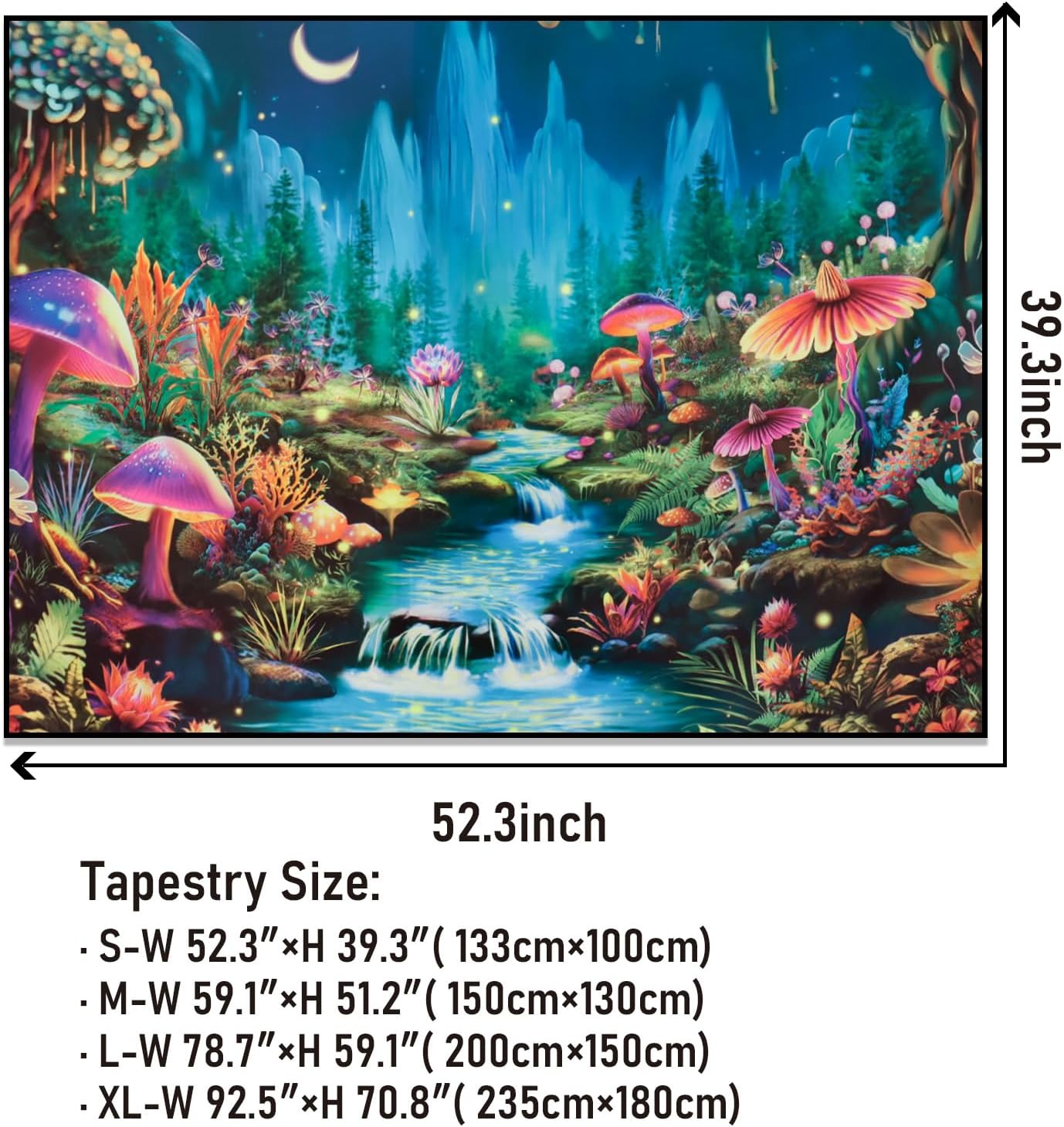 Heopapin Tapiz de luz negra con hongos reactivos a los rayos UV, tapiz de fantasía, luz de luna, montaña, bosque, paisaje, misterioso, selva,