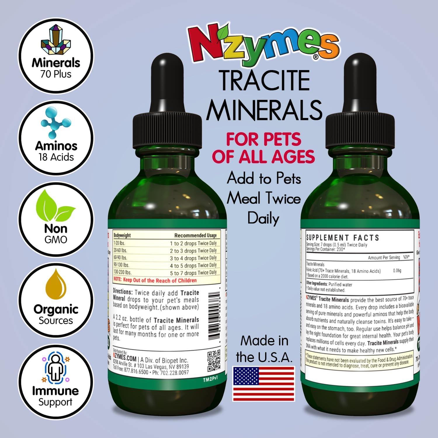 Nzymes Tracite Minerals for Pets – Ácido fúlvico, ácido húmico y gotas minerales traza a base de hierro y aminoácidos para energía ATP, deficiencia