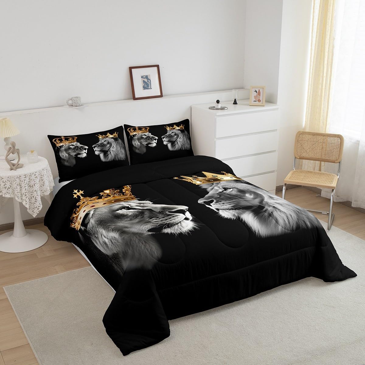 Juego de edredón de animales de león salvaje, tamaño King, edredón dorado de corona King y Queen para decoración de dormitorio, juego de edredón de