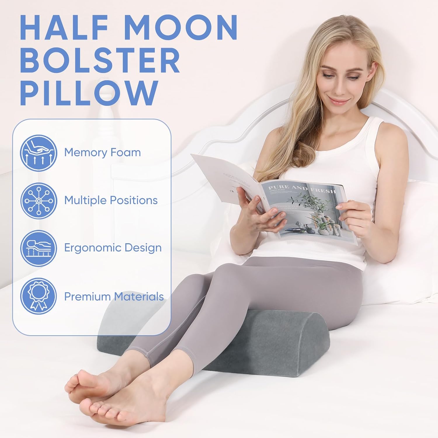 Forias Almohada de media luna para piernas, rodillas, alivio del dolor de espalda baja, cuello, almohada de espuma viscoelástica pura elevación para