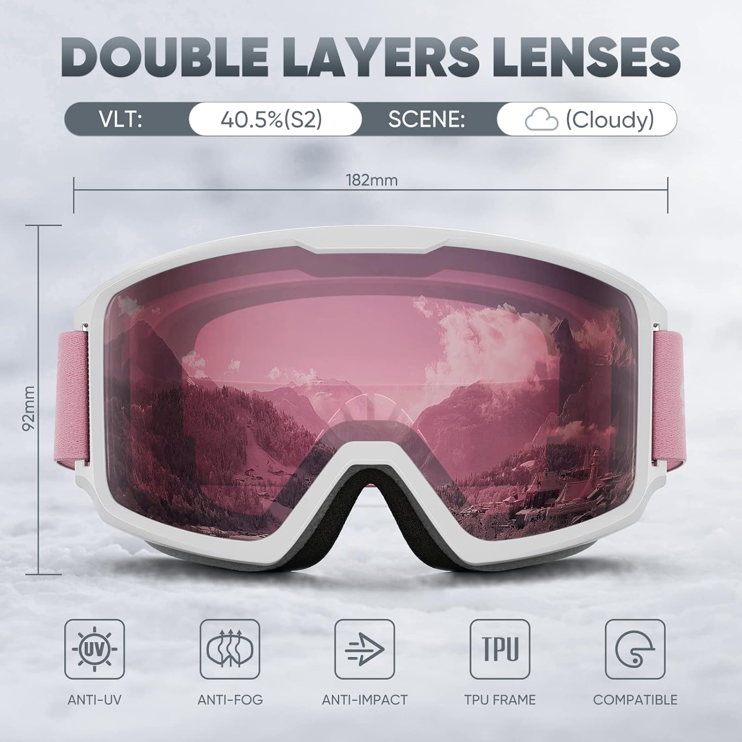 Gafas de esquí y snowboard para hombres, mujeres y jóvenes, OTG 100% protección UV