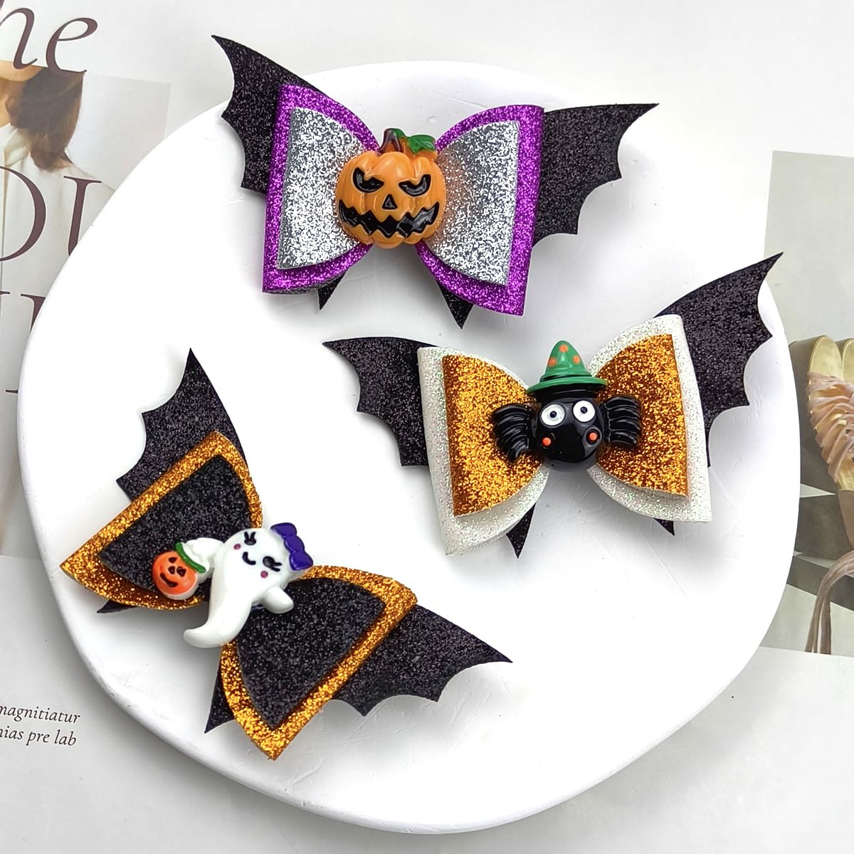 Pinzas para el pelo de murciélago de Halloween para niñas, lazos para el cabello con purpurina, pinzas de cocodrilo, lindas calabazas, arañas,