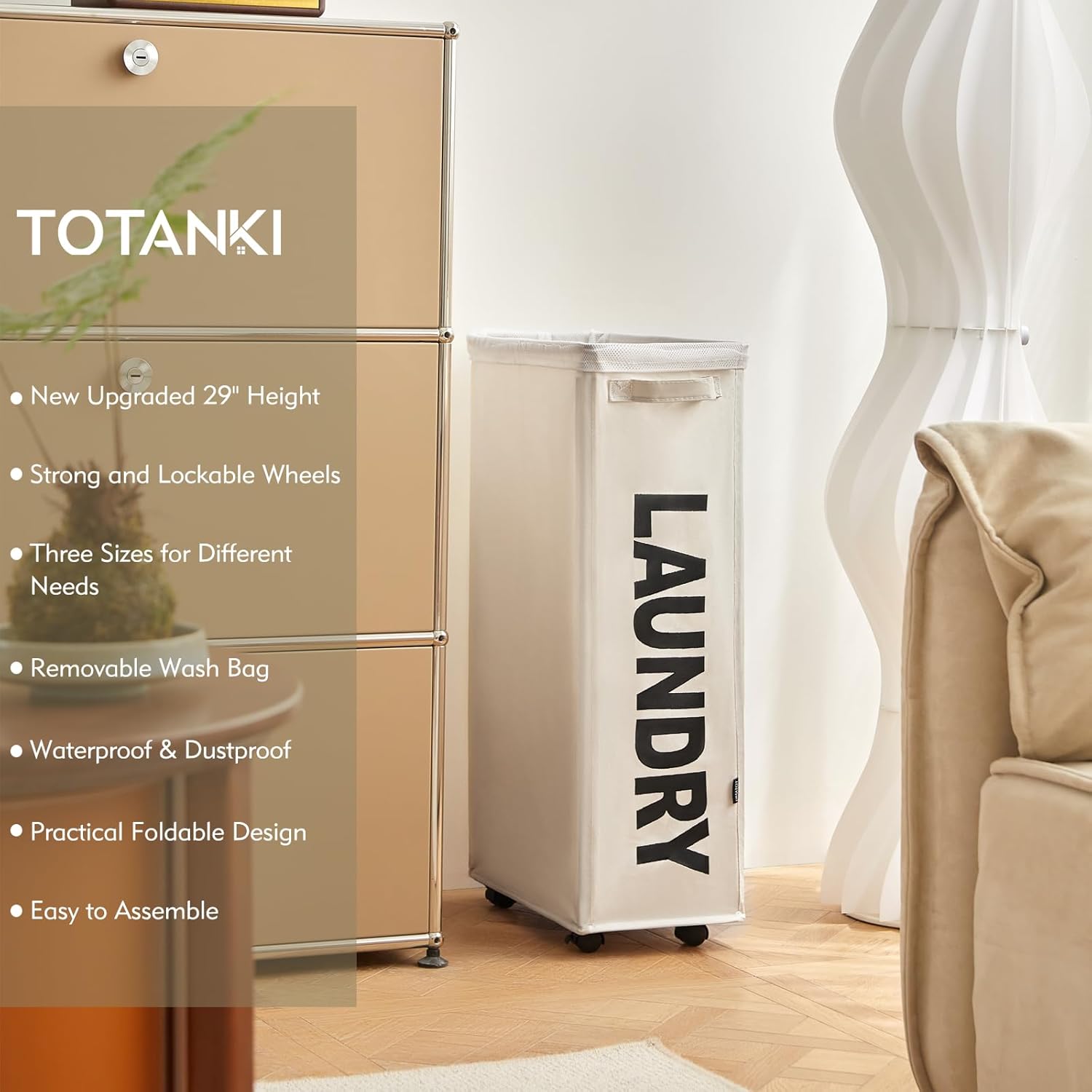 TOTANKI Cesta de lavandería grande y delgada de 29 pulgadas con ruedas con bolsa extraíble, cesta plegable para la ropa sucia con asa, clasificador