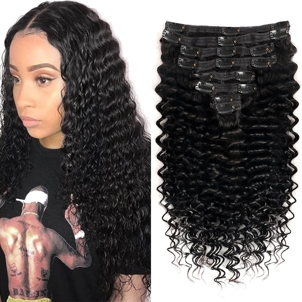 Pobokix Extensiones de cabello humano virgen brasileño con clip, para mujeres negras, 8 unidades, extensiones de cabello humano Remy con clip, 18
