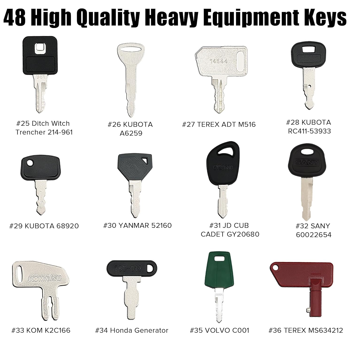 Juego de 48 llaves maestras de encendidollaves de equipo pesado para JD John Deere Hyster Komatsu Cat Key Kubota Yanmar Takeuchi Ford New Holland