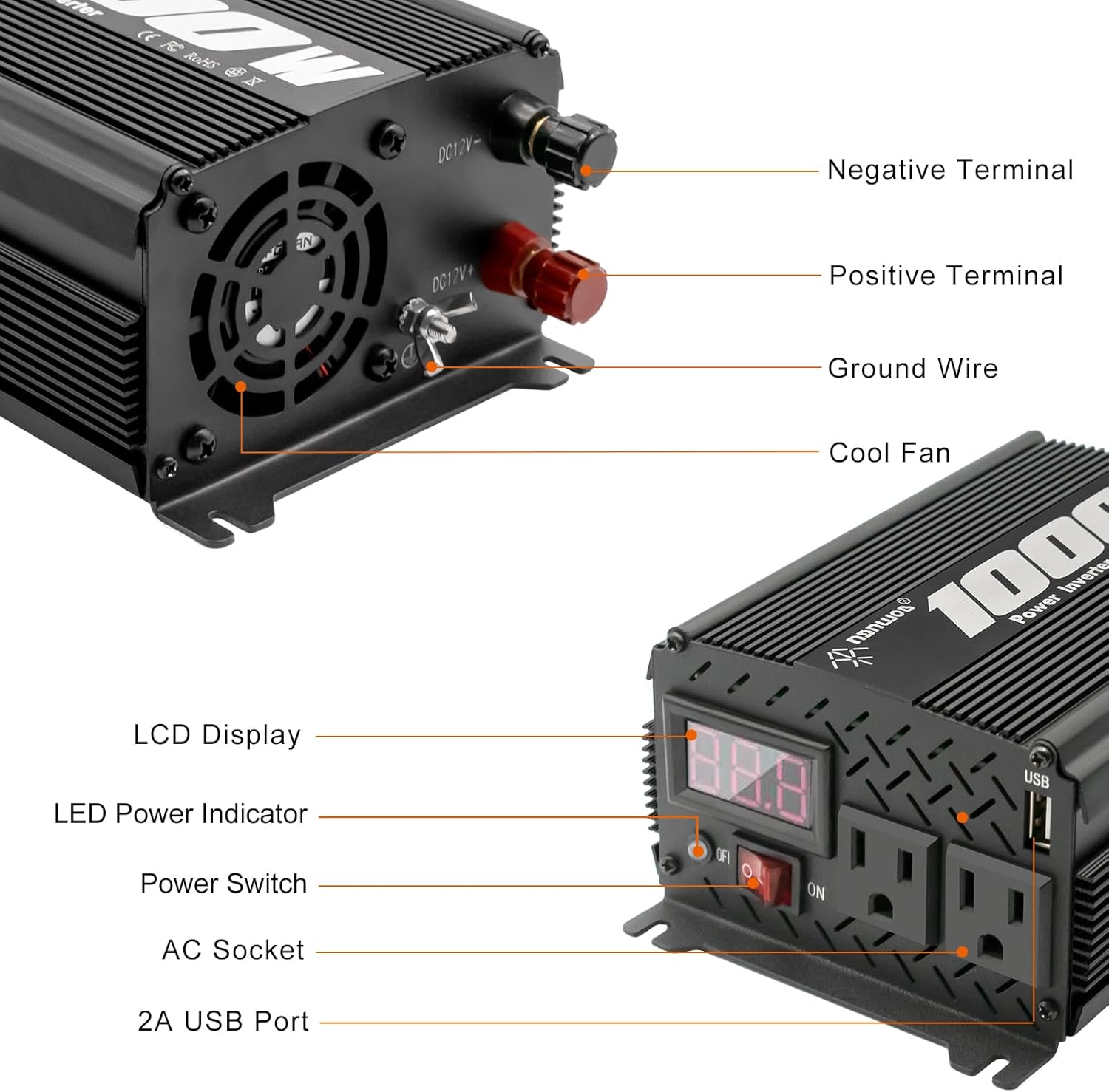 Inversor de 1000 vatios 1000 W, inversor de 12 V a 110 V120 V, inversor de corriente para camiones, vehículos semi camiones, convertidor de 12 V a