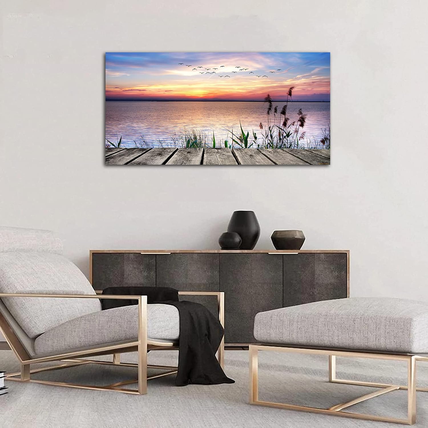 yearainn Lienzo decorativo para pared, lago, muelle, puesta de sol, paisaje con pájaros voladores, obra de arte de lienzo larga, ilustraciones