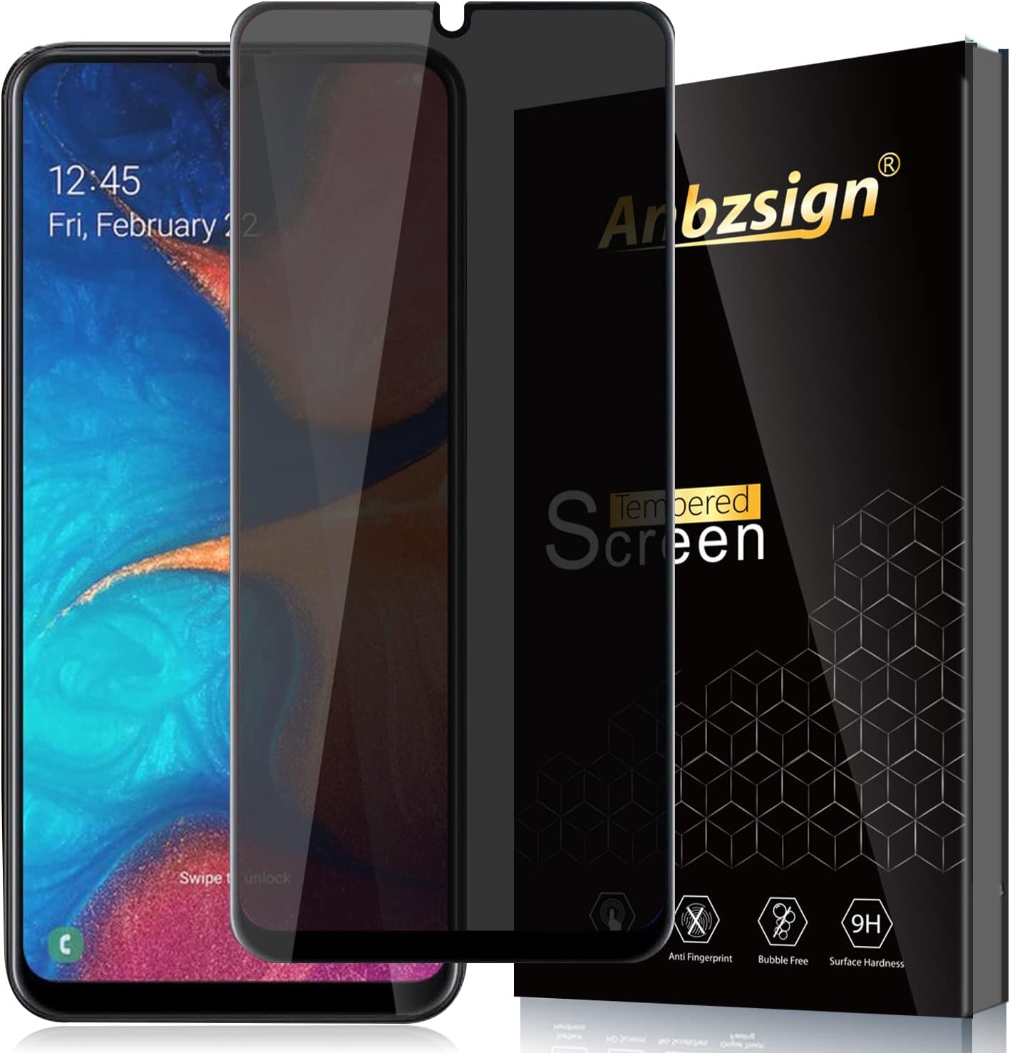 Anbzsign – Protector de pantalla de privacidad para Samsung Galaxy A20, cobertura completa, antiespía, privacidad 9H, dureza 9H, vidrio templado