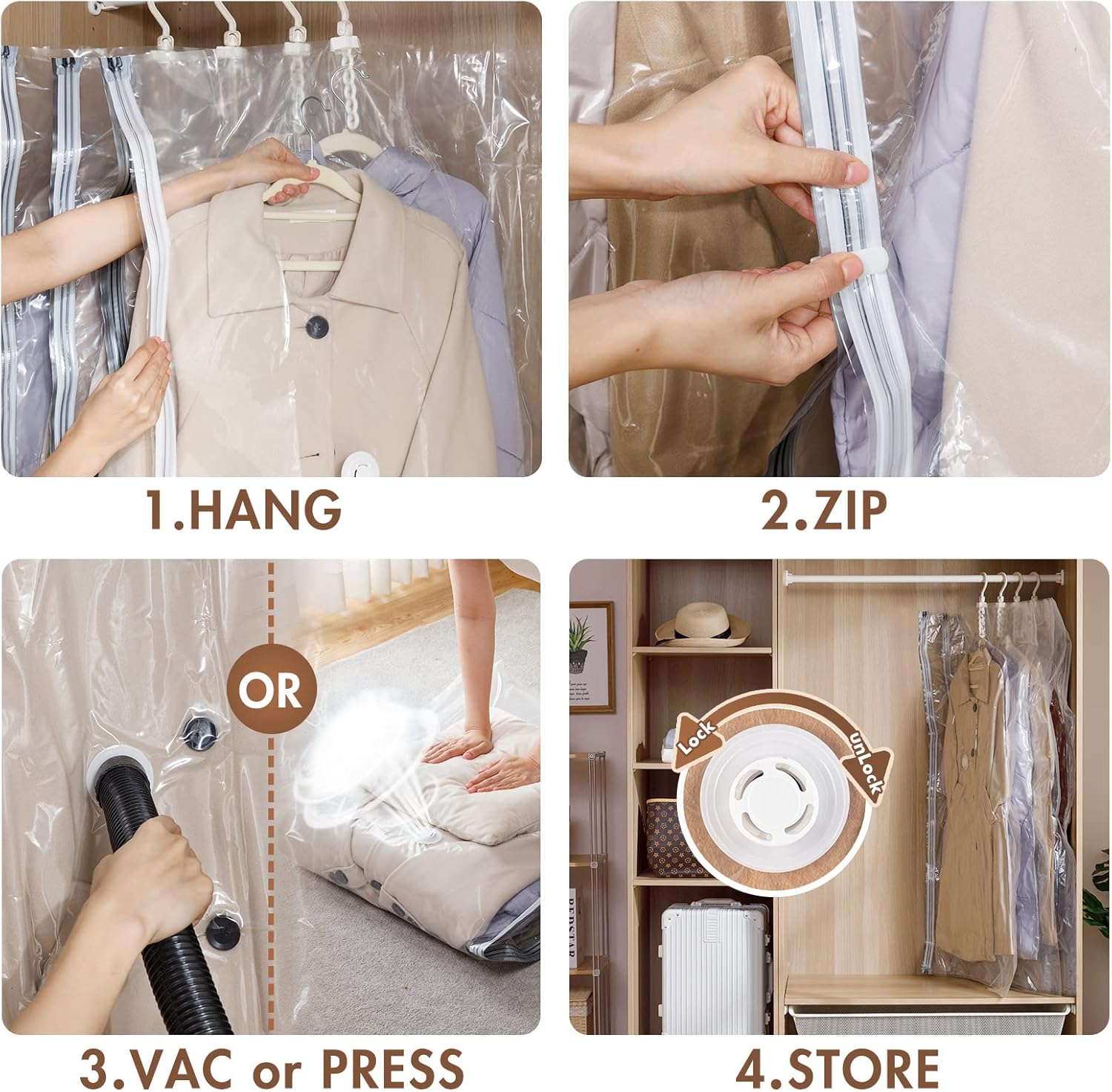 LEVERLOC Bolsas colgantes de almacenamiento al vacío para ropa, transparentes, paquete de 4 bolsas de almacenamiento de sellado al vacío para ropa,