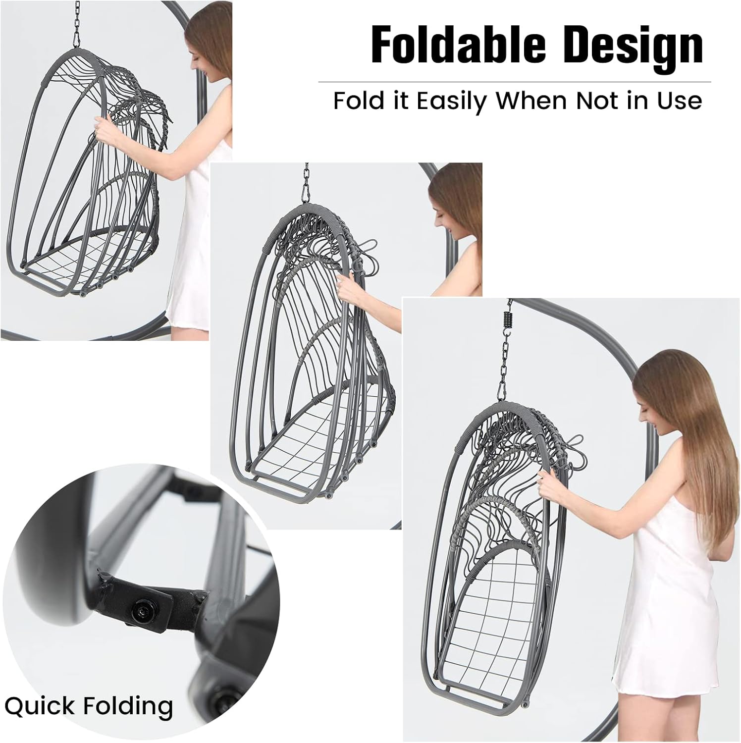 Giantex Silla colgante de huevo con soporte, silla plegable con cojín suave y almohada, silla hamaca plegable para patio, silla colgante de ratán de