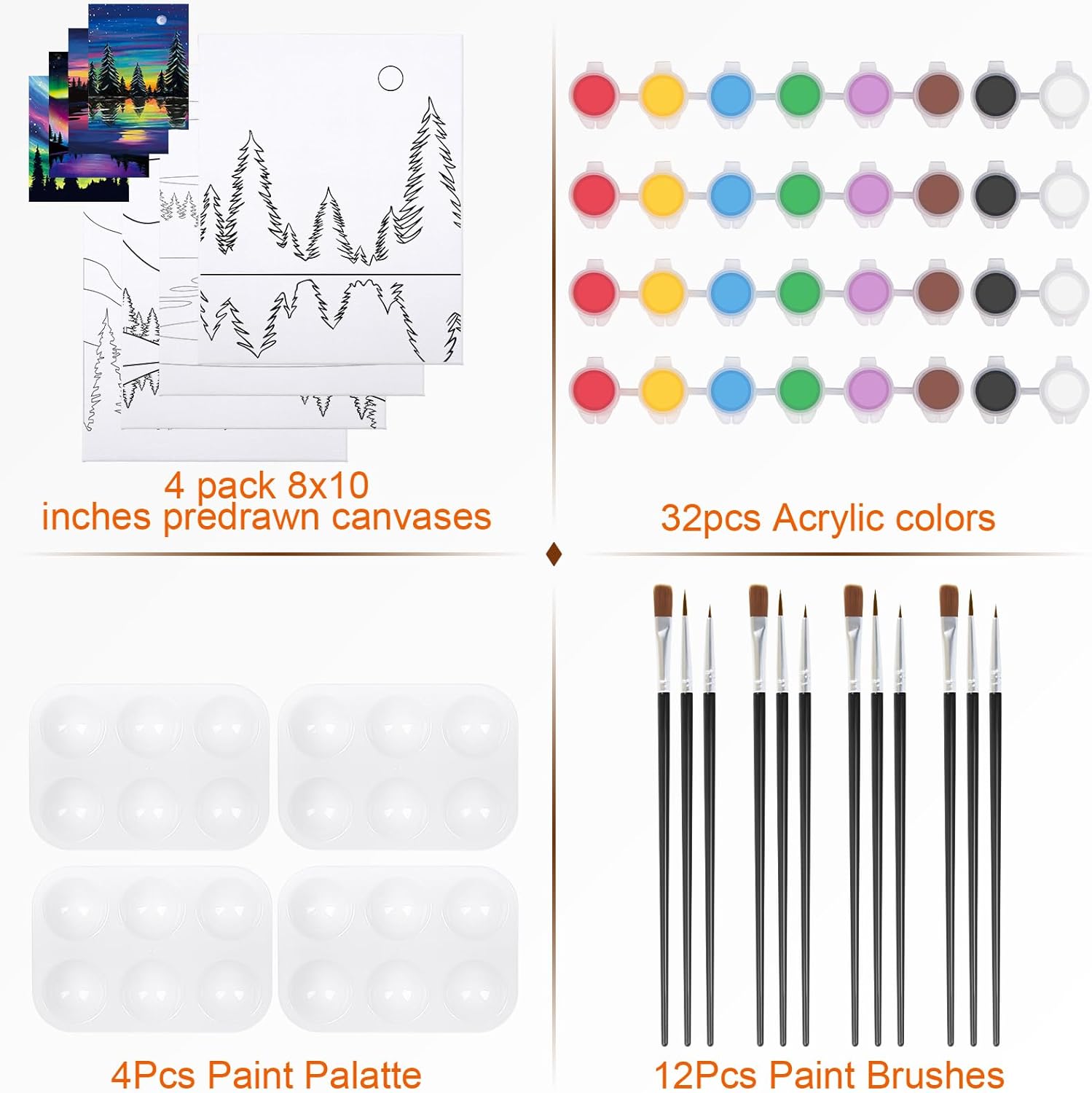 Paquete de 4 lienzos de 8 x 10 pulgadas, lienzos estirados predibujados para pintar para adultos y niños, juego de pintura para fiestas, contorno