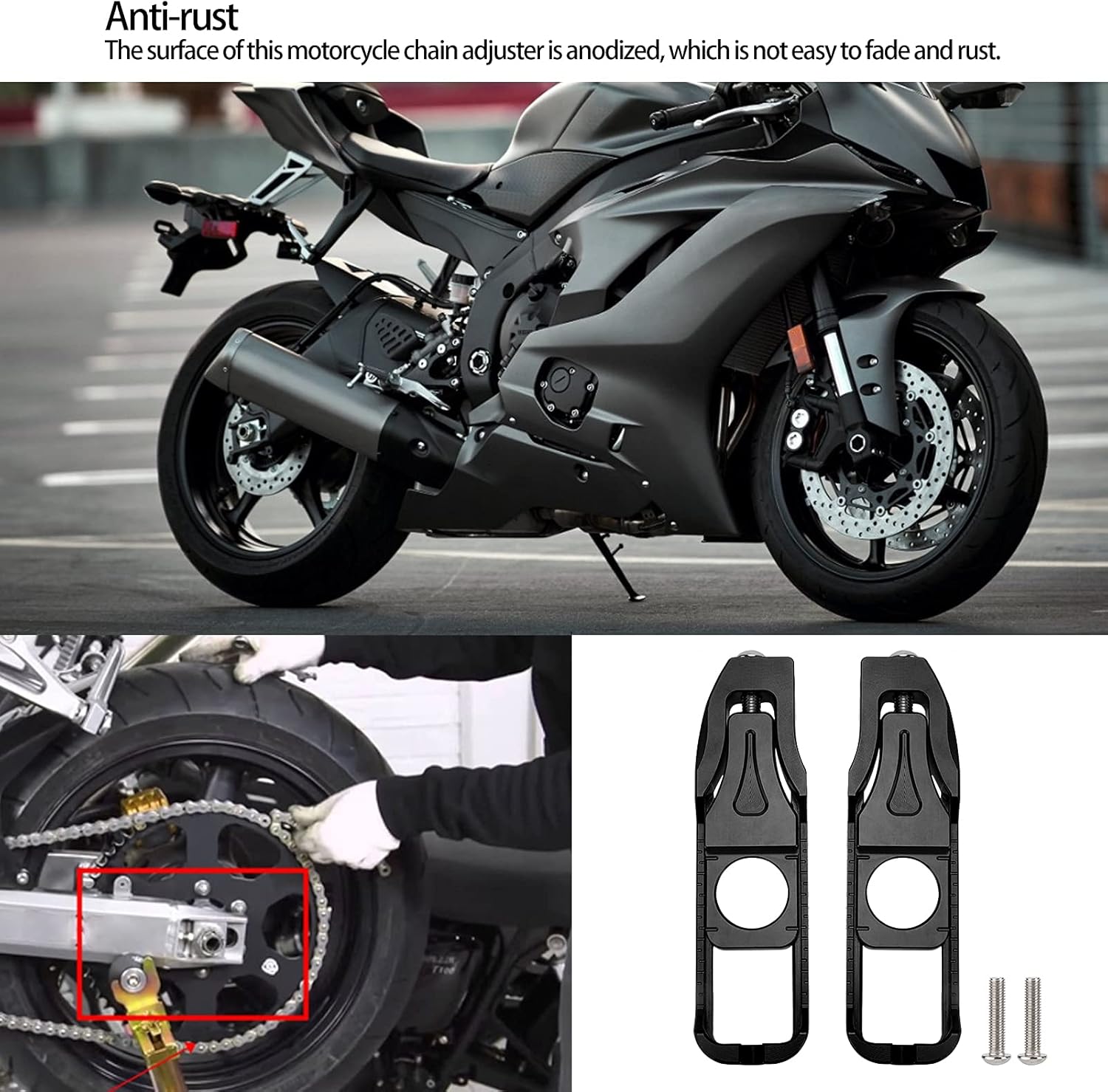 Ajustadores de cadena de motocicleta, par de ajustadores de cadena izquierda derecha de motocicleta de repuesto para YZF R6 20172020 (negro)