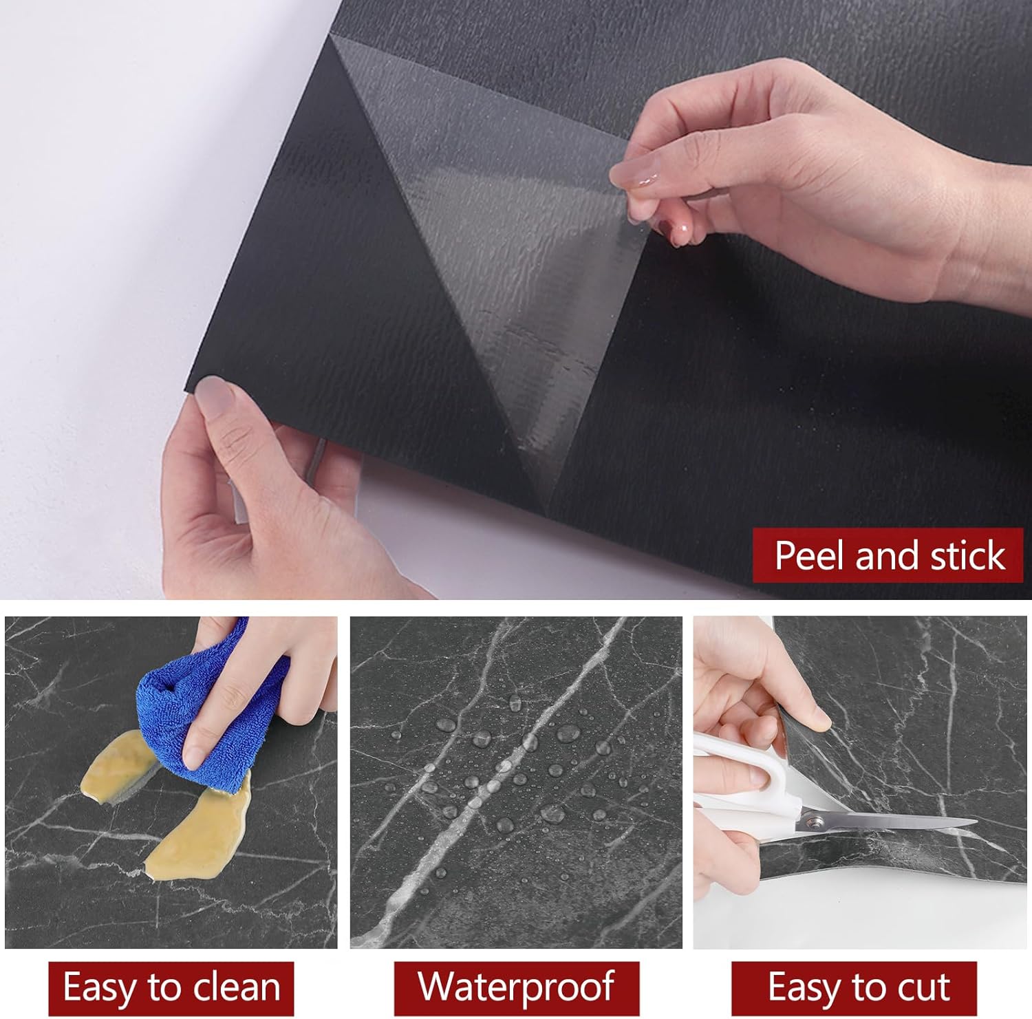 WESTICK Azulejos de suelo de color negro claro para baño, azulejos de cocina para despegar y pegar, azulejos de mármol impermeables para dormitorio,
