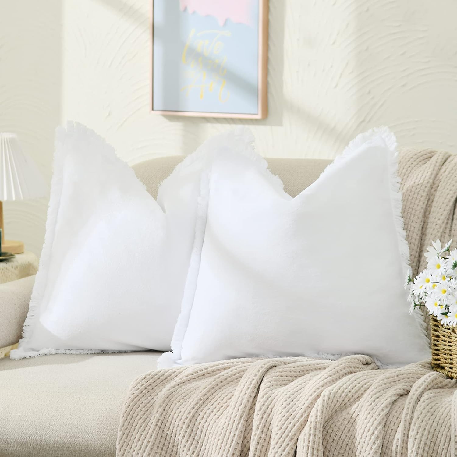 ZWJD Juego de 2 fundas de almohada de 18 x 18 pulgadas, fundas de almohada blancas con flecos, de algodón, decorativas, cuadradas, para sofá, cama,