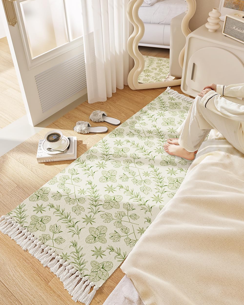 Alfombra botánica de 2 x 6 pies, con borlas y hojas verdes, para pasillo, dormitorio, sala de estar, baño, cocina, mezcla de algodón de calidad,