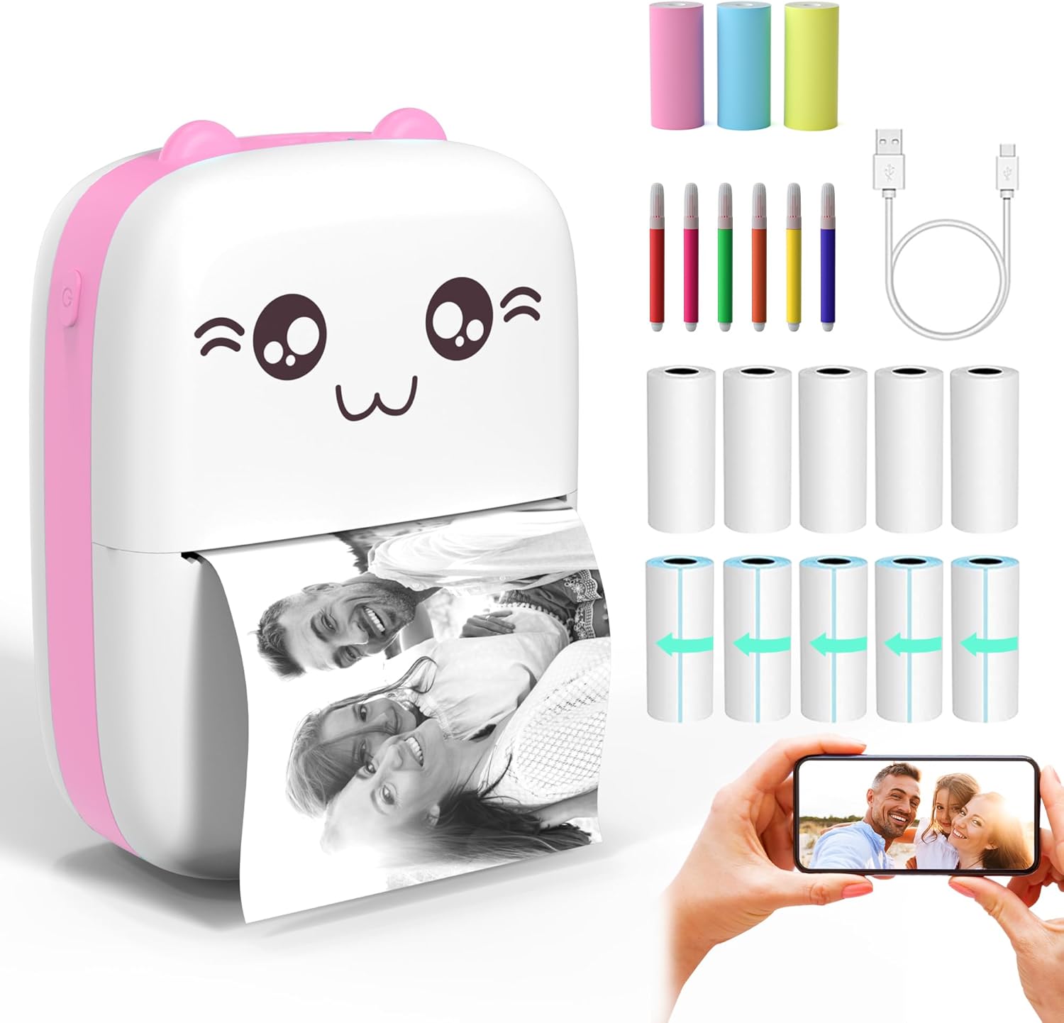 (13 rollos de papel térmico), impresora adhesiva sin tinta, mini impresora de bolsillo, mini impresora térmica de bolsillo, aplicación iOS Android