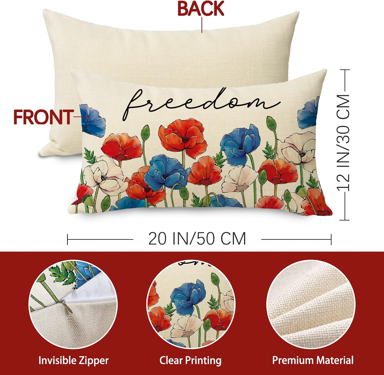 Fjfz 4th of July Freedom – Funda de almohada decorativa lumbar con flores patrióticas de 12 x 20 pulgadas, rectangular, diseño floral de anémona de