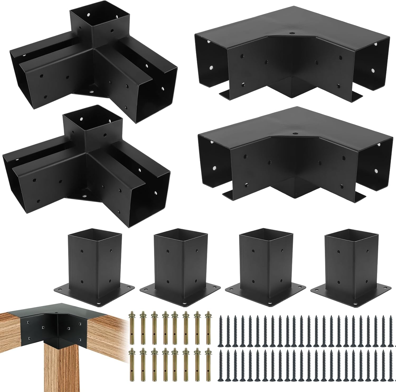 Juego de soportes para cenador de pérgola 4×4 Yzzwer – Soporte de esquina de ángulo recto para pérgola de 3 vías para vigas de madera (3.5 x 3.5