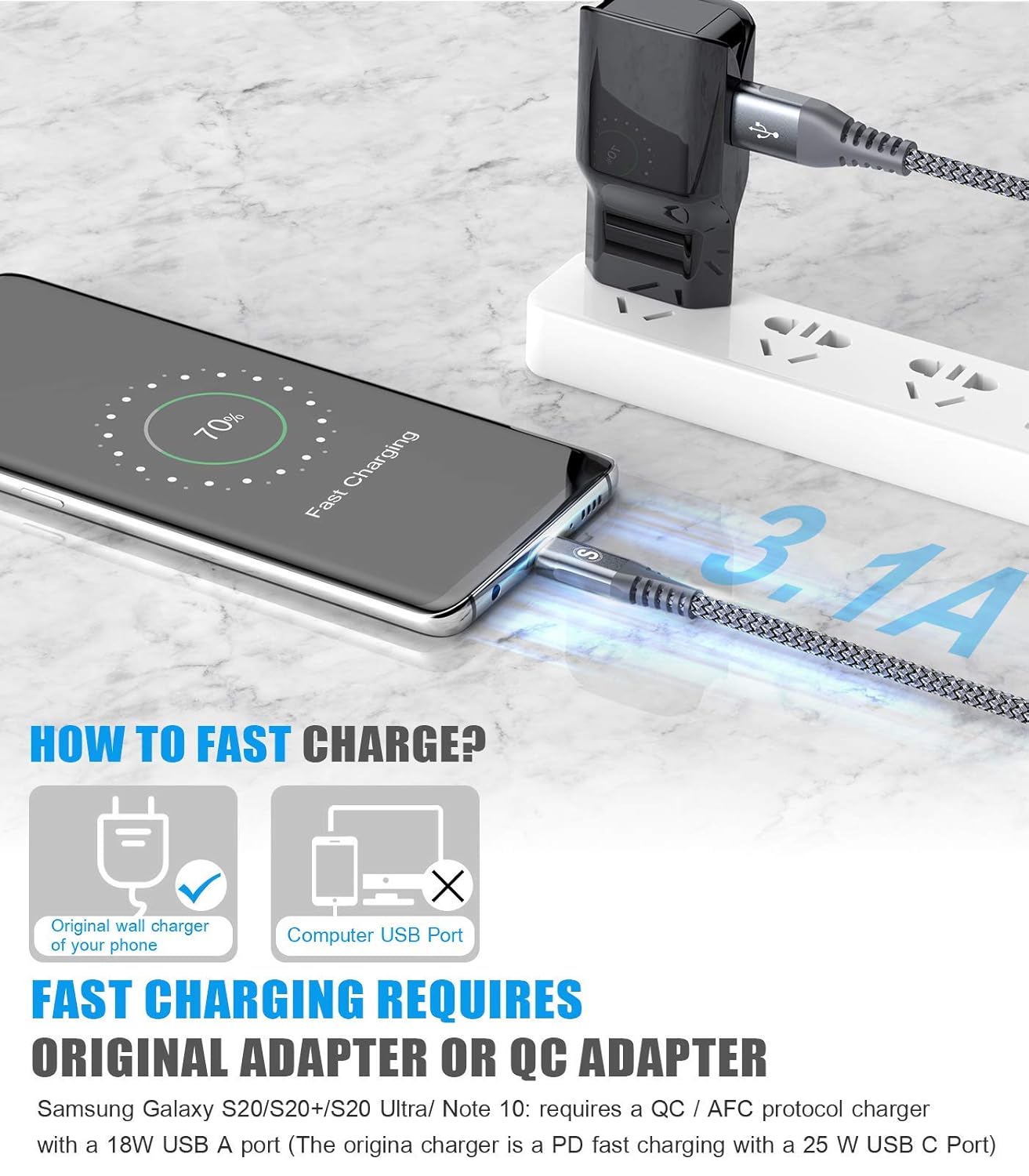 Cable USB tipo C de 3.1 A de carga rápida 3 unidades, 6.6 pies, cargador USB-A a USB-C, cable trenzado de nailon para Samsung Galaxy S21 S20 S10 S9