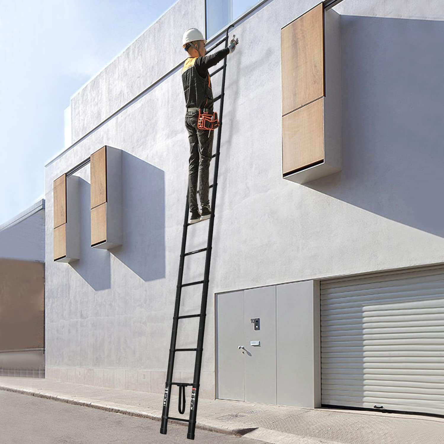 Escalera telescópica de 16.5 pies, escalera telescópica de aluminio con 2 ganchos de capacidad máxima de 330 libras, con pies antideslizantes,
