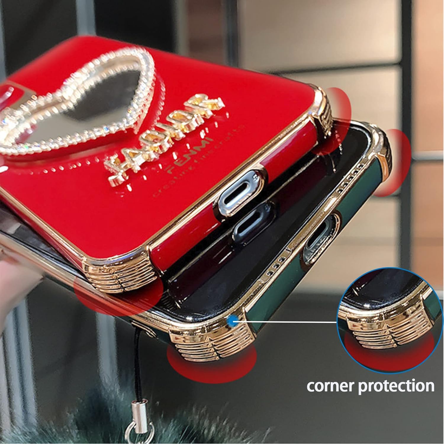 Anloes Funda de maquillaje con espejo de lujo, con marco en forma de corazón, bonita funda protectora brillante para iPhone (rojo, para iPhone 13