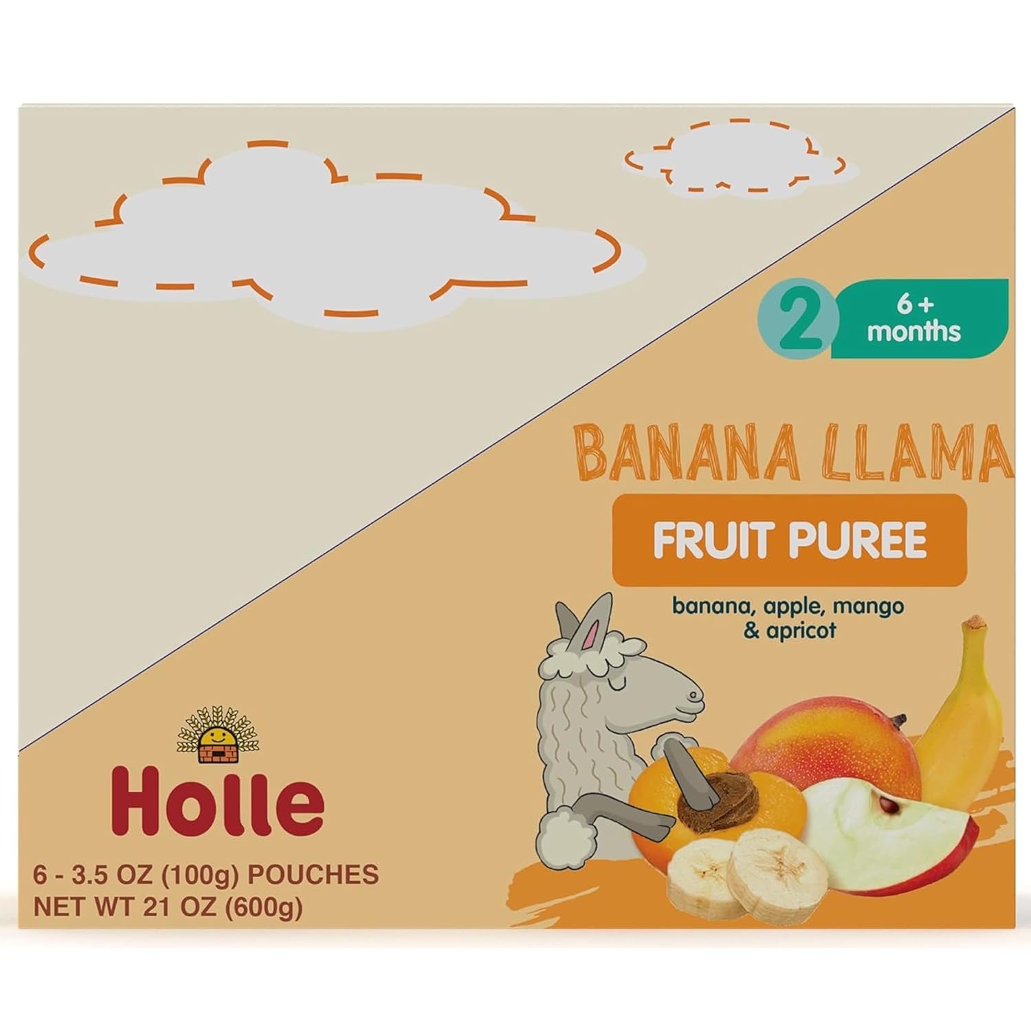 Holle Bolsas orgánicas de comida para bebés, puré de plátano y llama para bebés con plátano, manzana, mango y albaricoque, (paquete de 6) bocadillos