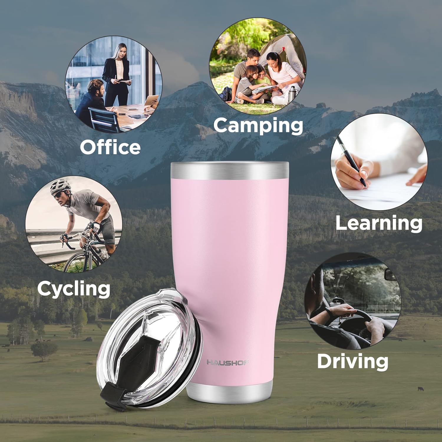 HAUSHOF Vaso de 30 onzas, vaso de acero inoxidable aislado al vacío, taza de agua para café, taza de viaje de doble pared con tapa, perfecto para