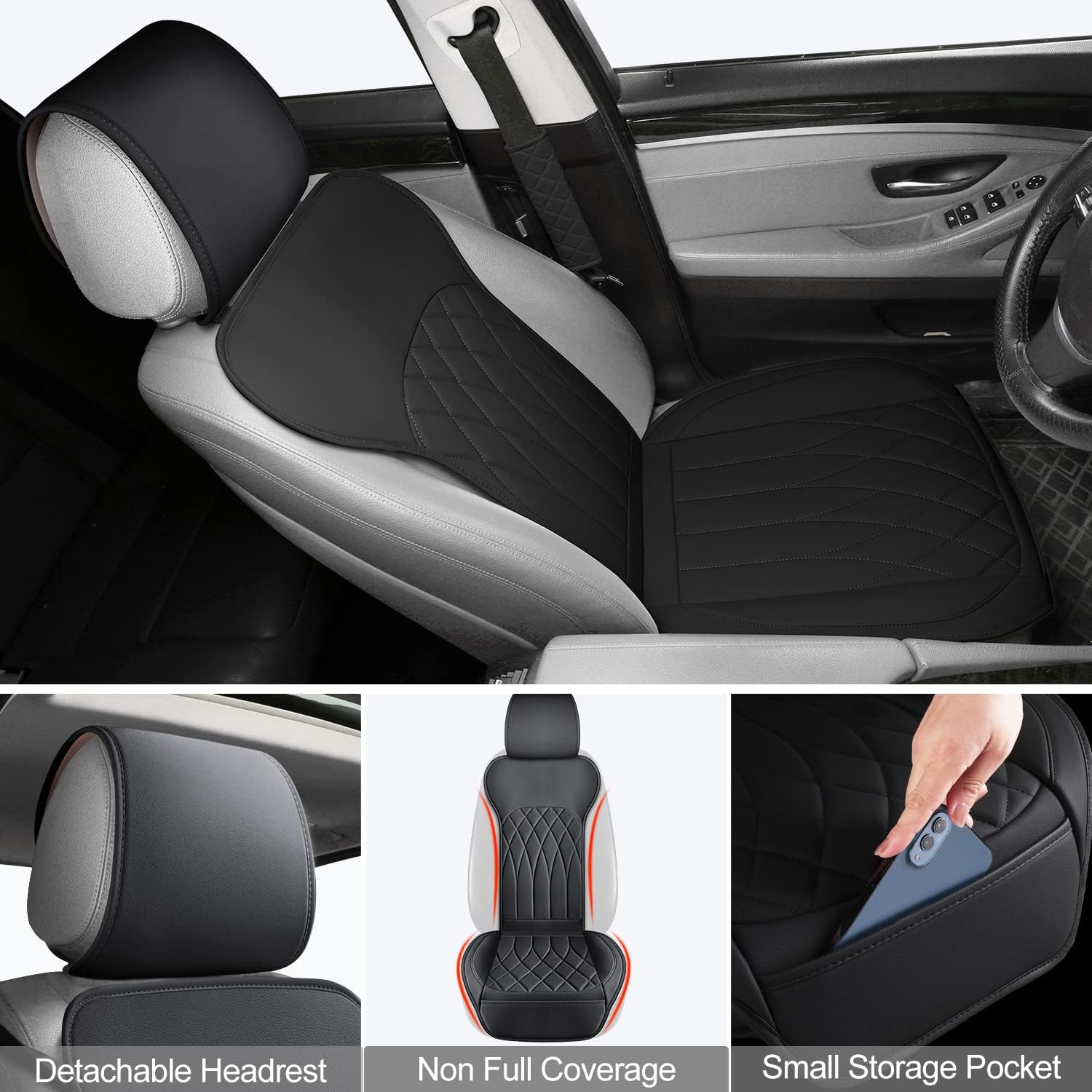 Paquete de 1 funda de cuero para asiento delantero de automóvil, protector universal para asiento de automóvil sin laterales con bolsillo de