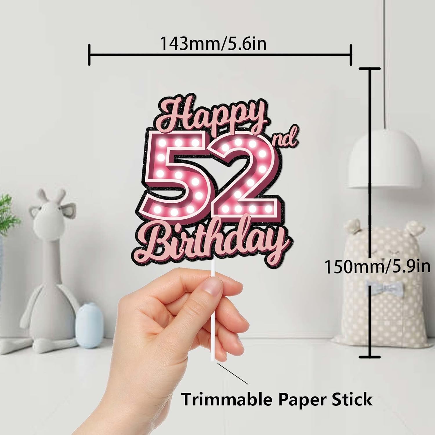 Decoración de pastel de cumpleaños 52 con purpurina rosa Let’s Glow Crazy Party Theme Decor Supplies Men Women Happy Birthday 52 Anniversary Party
