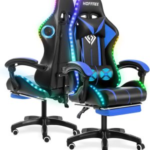 HOFFREE Silla de juegos con masaje y luces LED, silla ergonómica para juegos de computadora con reposapiés, silla de videojuegos RGB con respaldo HOFFREE Silla de juegos con masaje y luces LED, silla ergonómica para juegos de computadora con reposapiés, silla de videojuegos RGB con respaldo