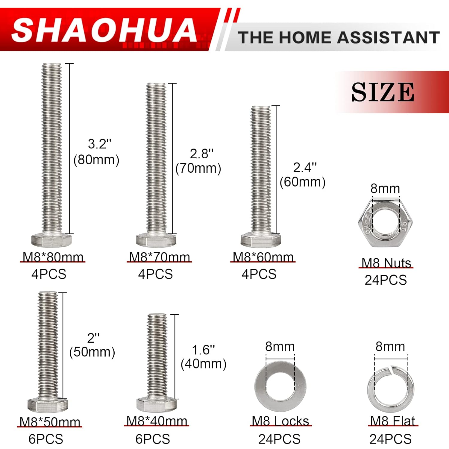 SHAOHUA Kit surtido de 96 tuercas y pernos  M8 x 405060703.150 in  Pernos hexagonales de acero inoxidable 304 resistentes, tuercas planas y