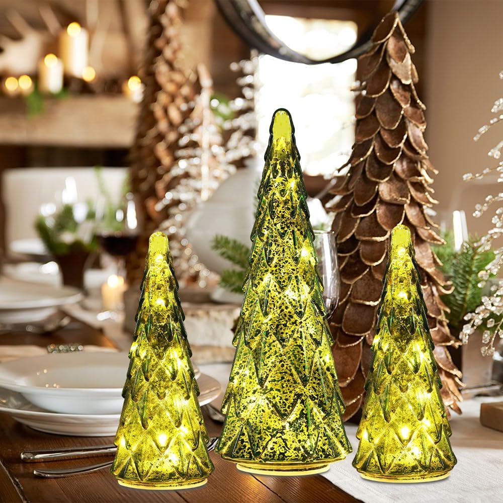 Decoraciones de Navidad para interiores, juego de 3 árboles de Navidad de cristal verde preiluminados para decoración del hogar, decoración de mesa