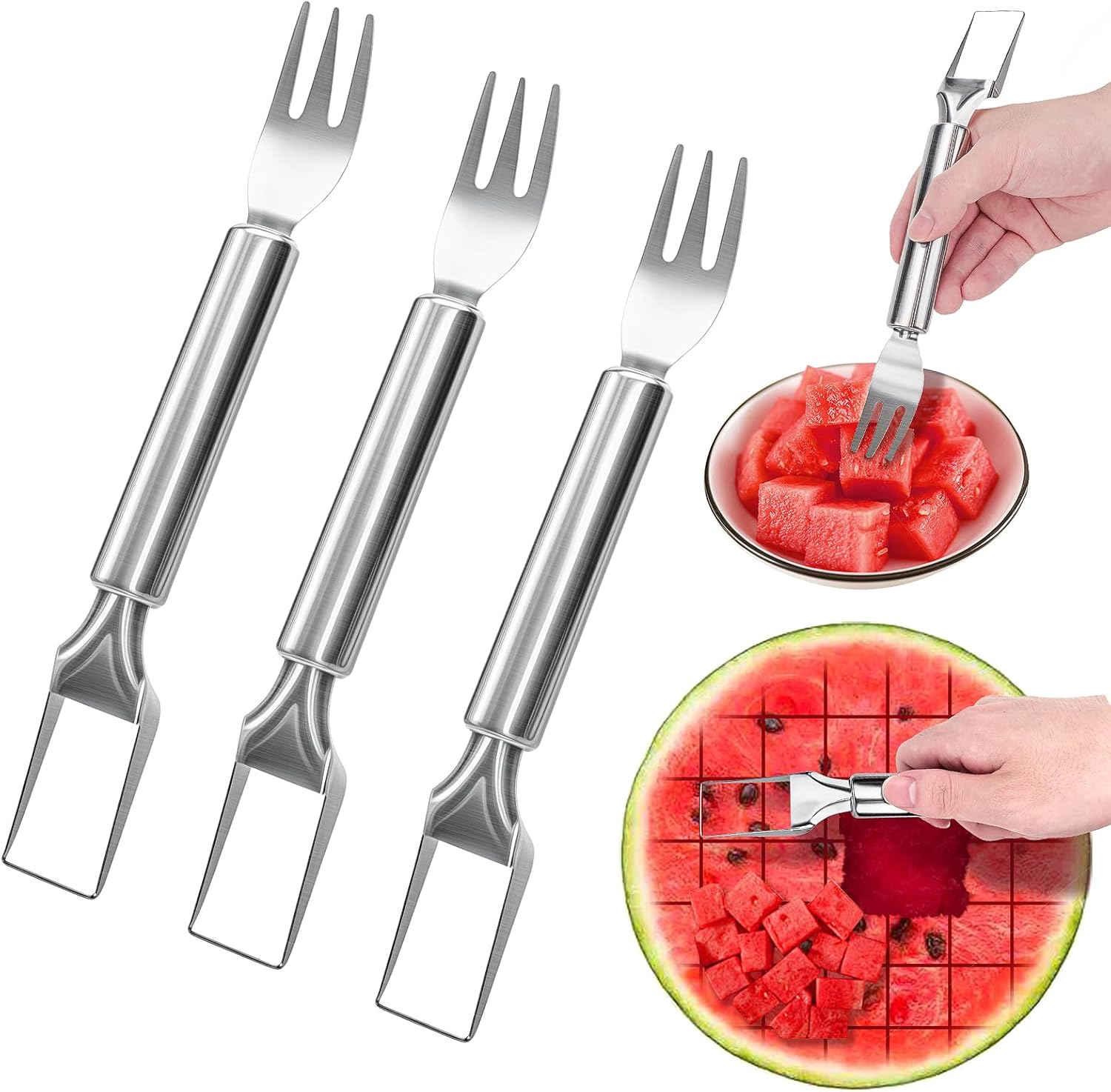 Cortador de tenedor de sandía, herramienta de corte de frutas de acero inoxidable 2 en 1, accesorios de cocina 2024, artículos esenciales para el